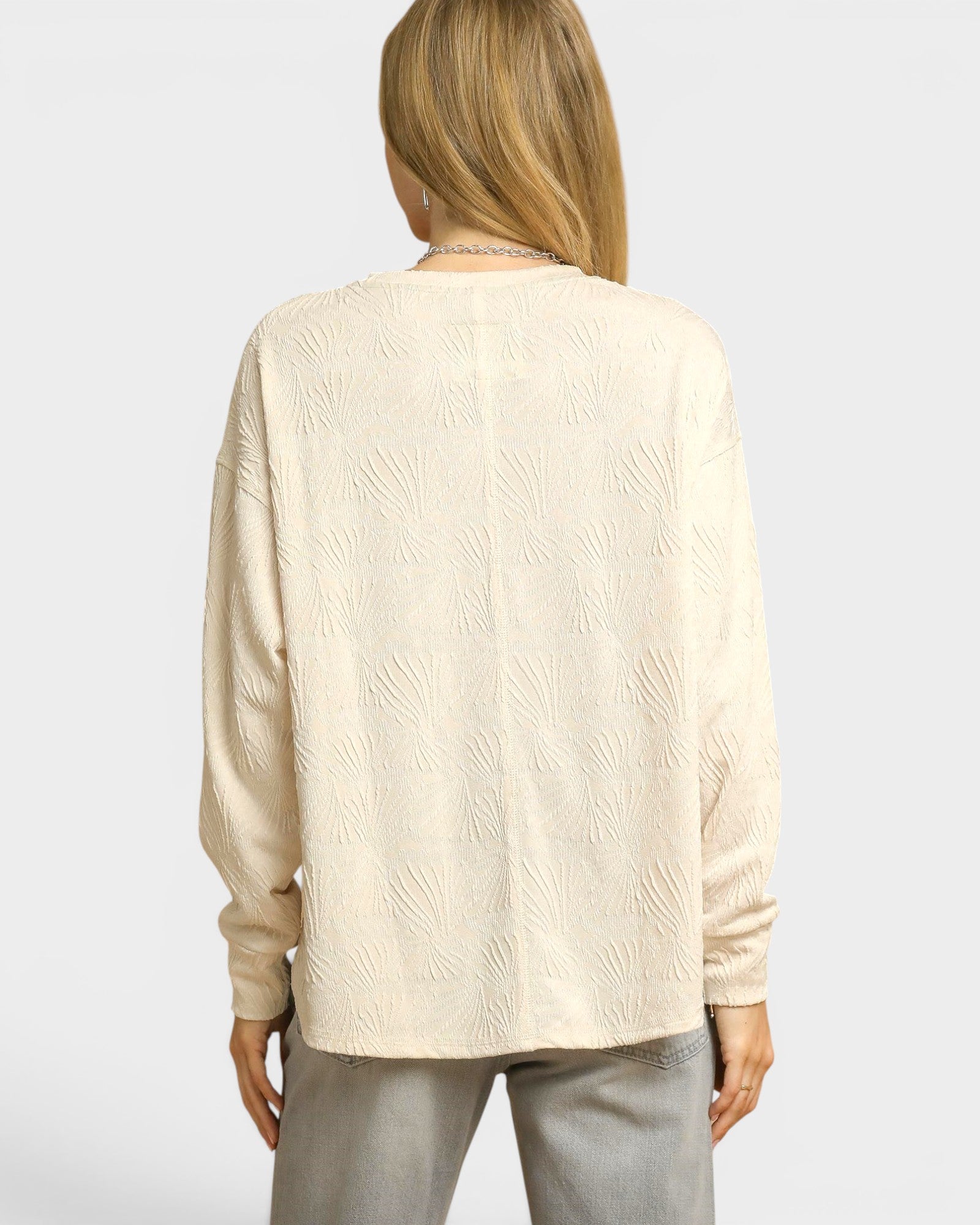 Ivory Textured Leaf Long Sleeve Top