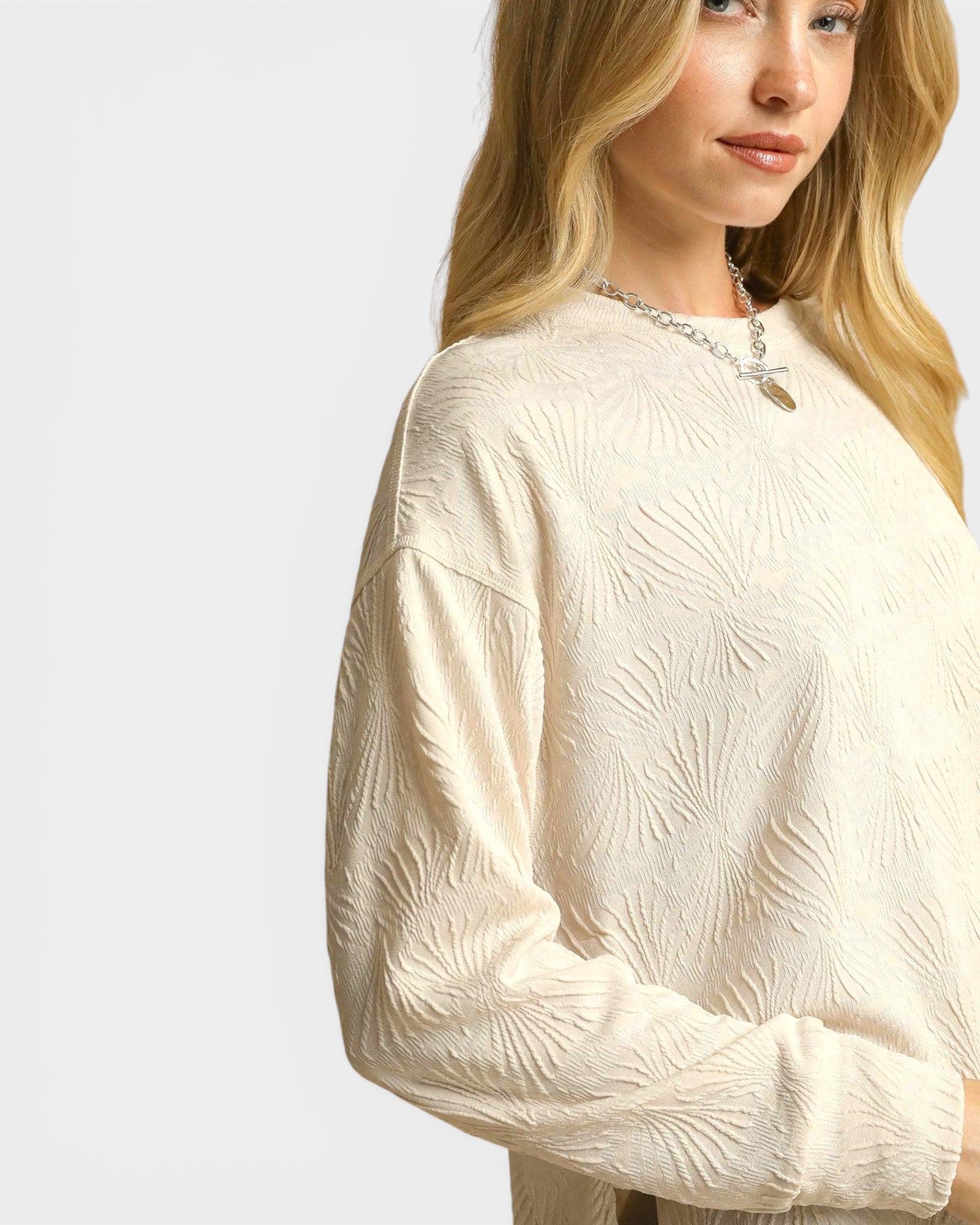 Ivory Textured Leaf Long Sleeve Top