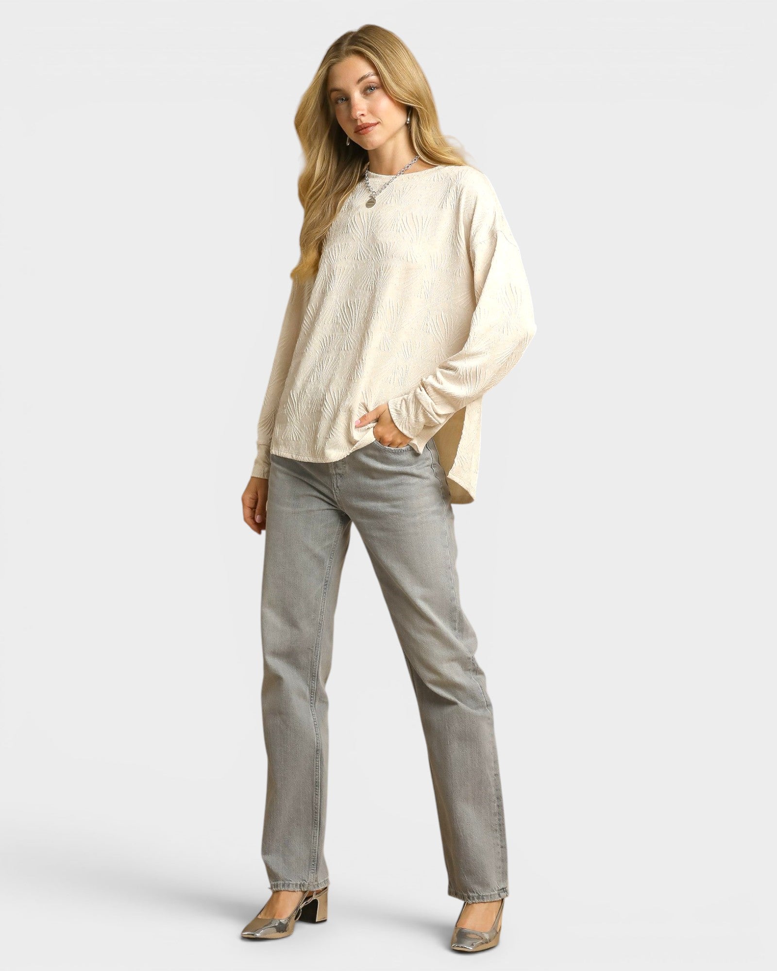 Ivory Textured Leaf Long Sleeve Top