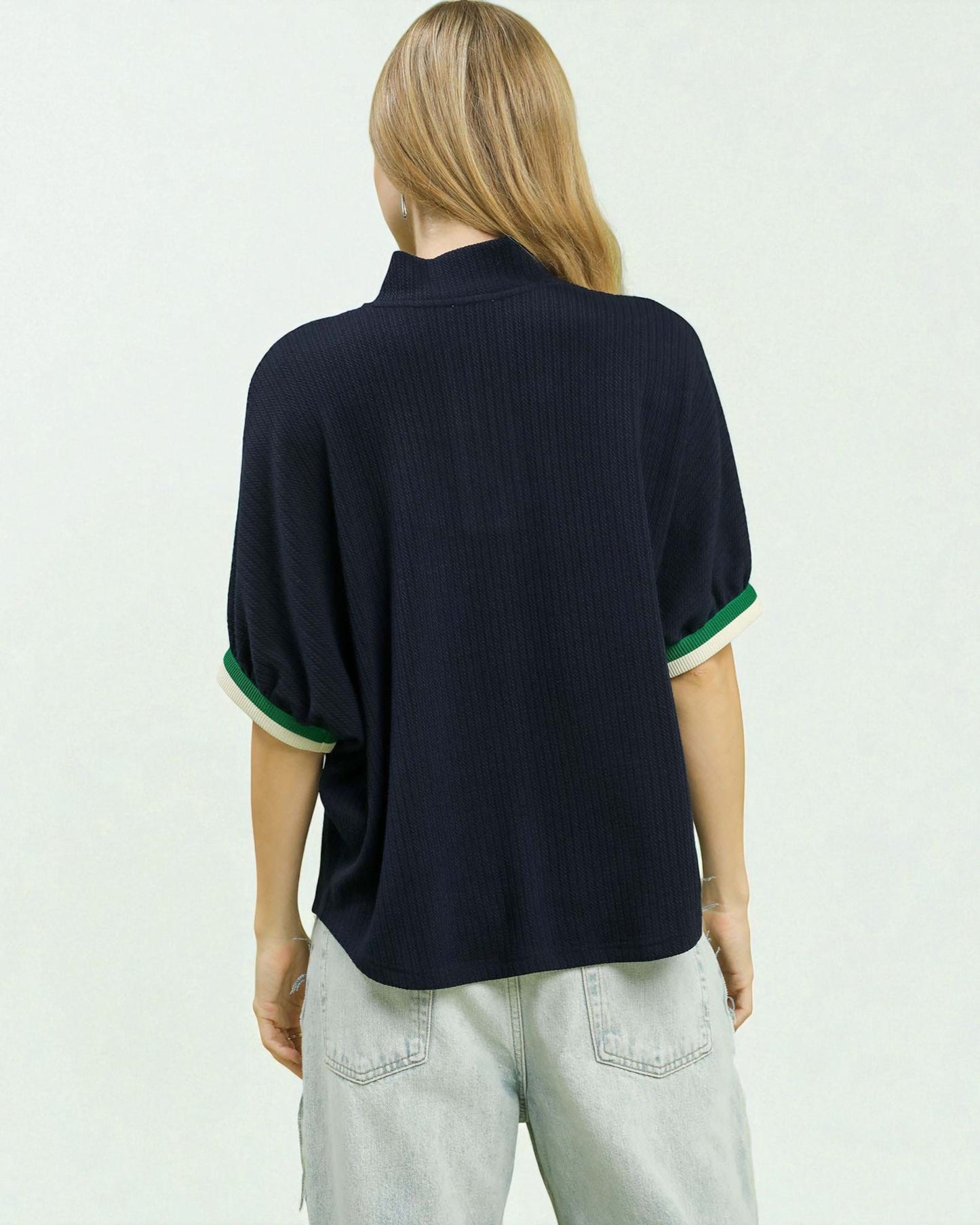 Navy & Green Contrast Trim Knit Top