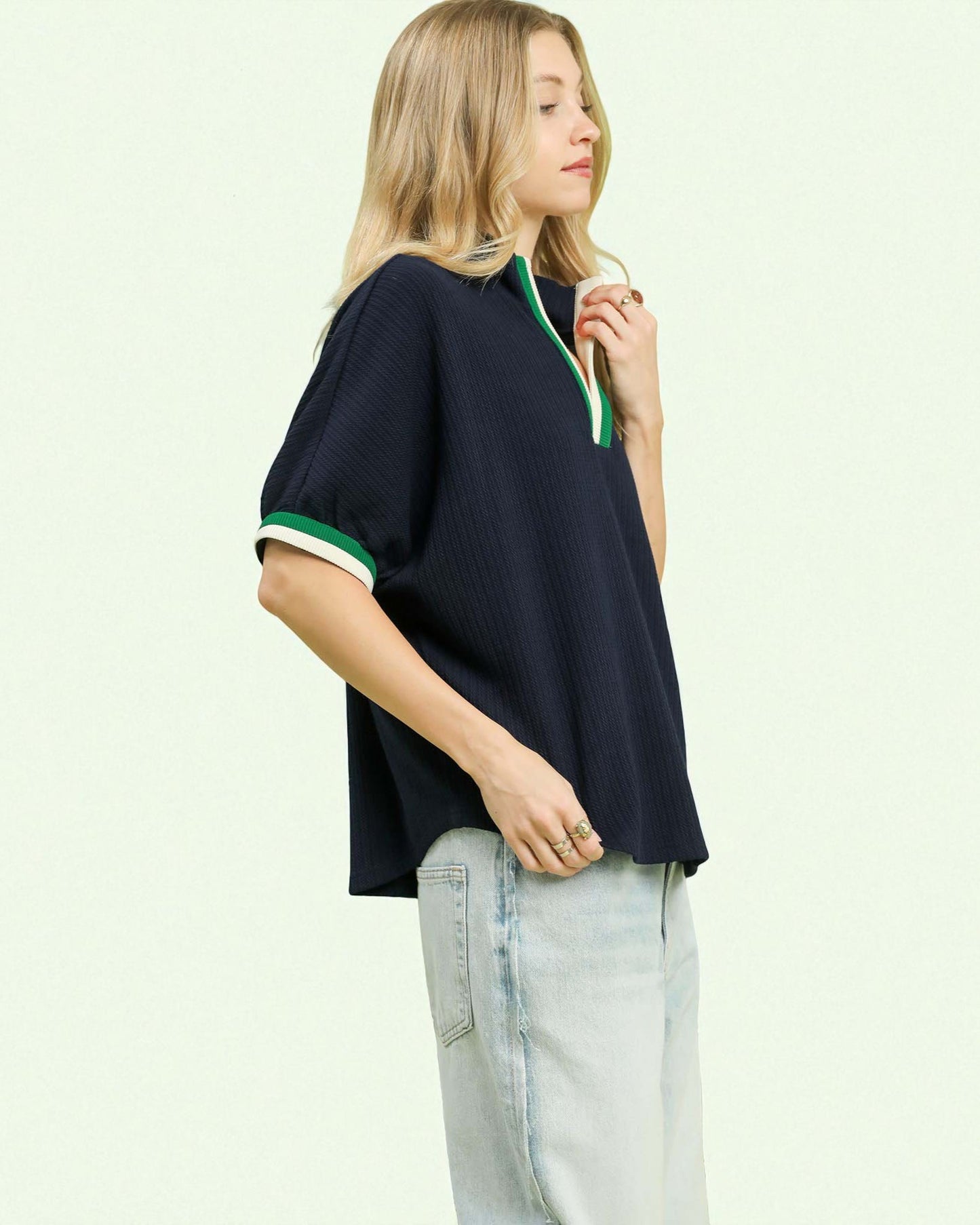 Navy & Green Contrast Trim Knit Top