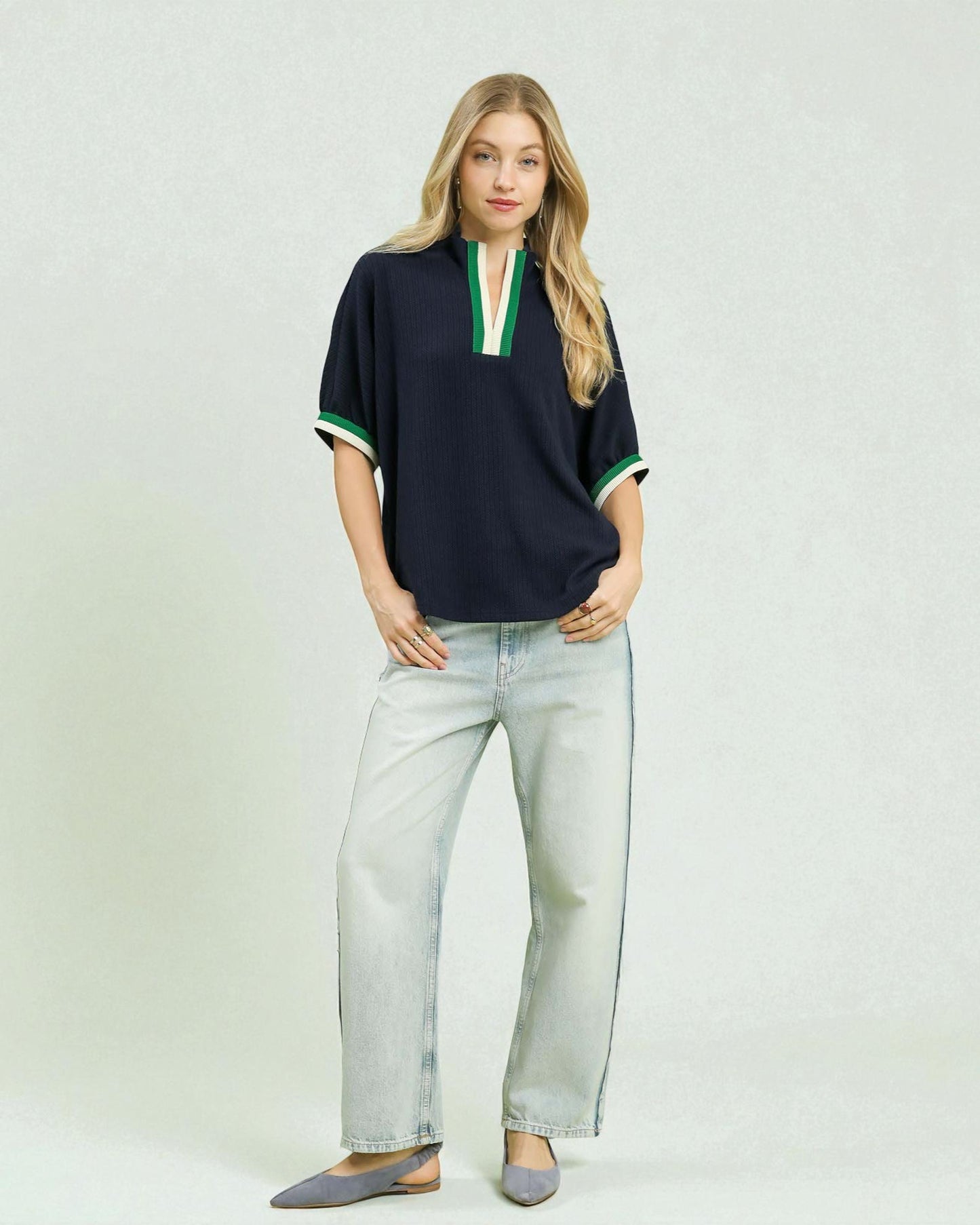Navy & Green Contrast Trim Knit Top