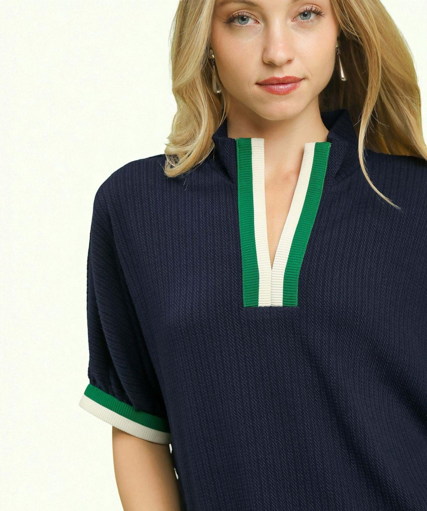 Navy & Green Contrast Trim Knit Top