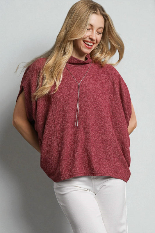 Wine Textured Mock Neck Top