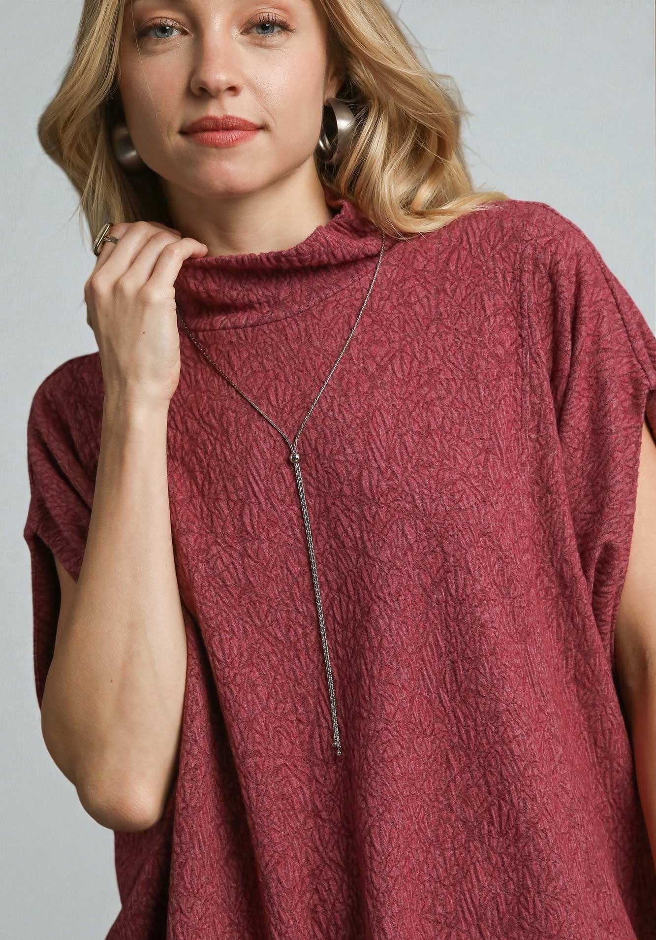 Wine Textured Mock Neck Top