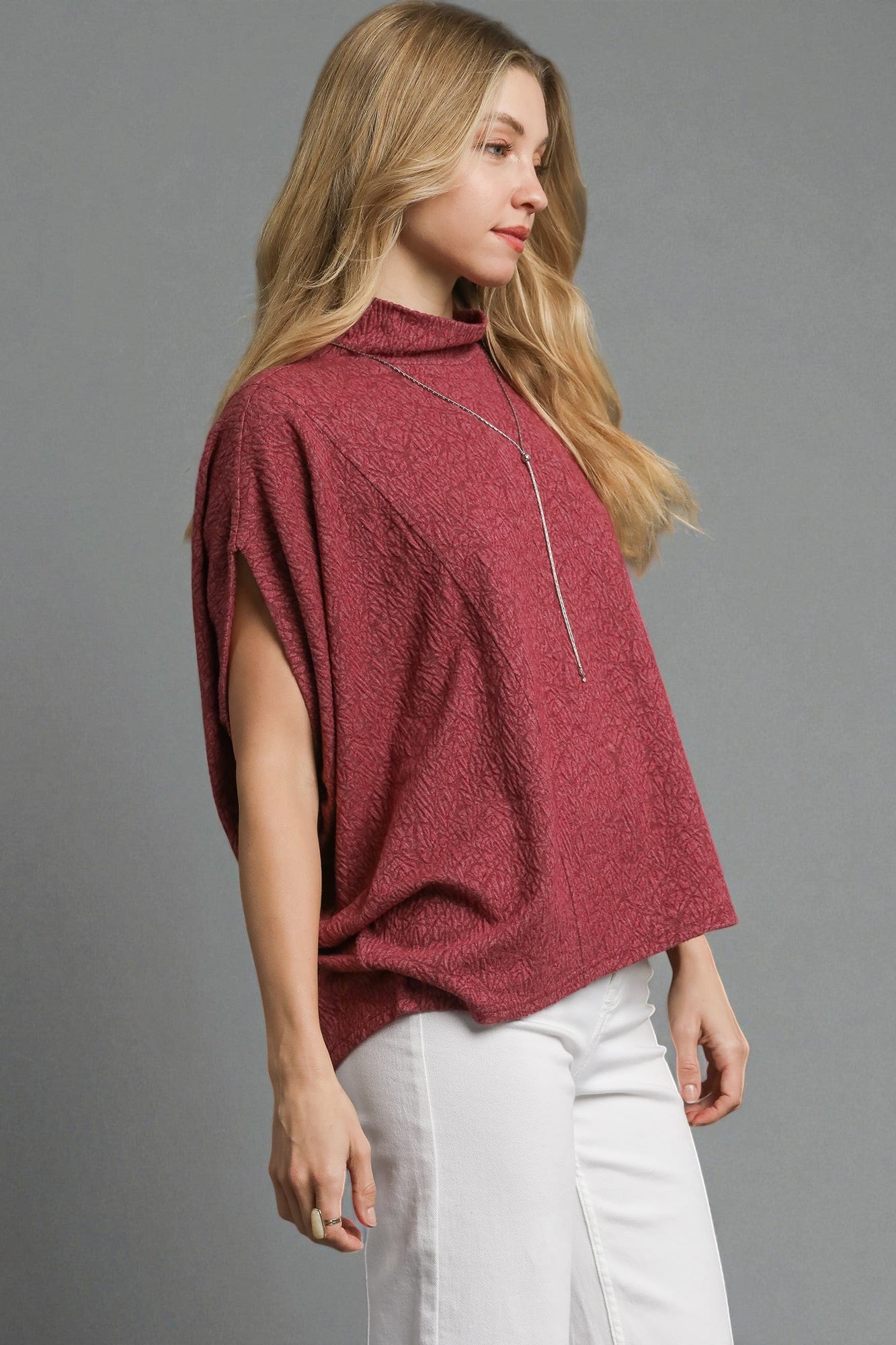 Wine Textured Mock Neck Top
