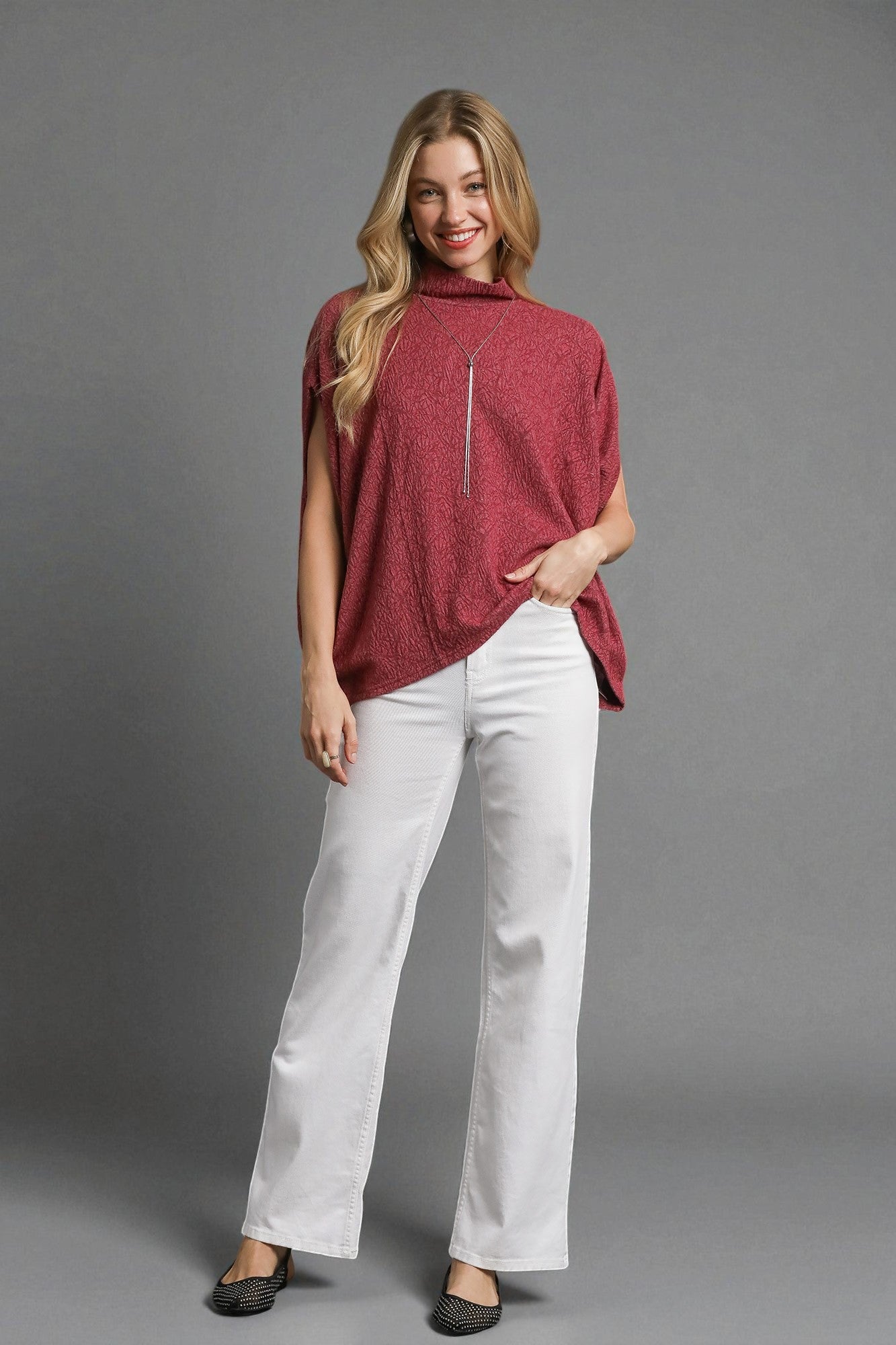 Wine Textured Mock Neck Top