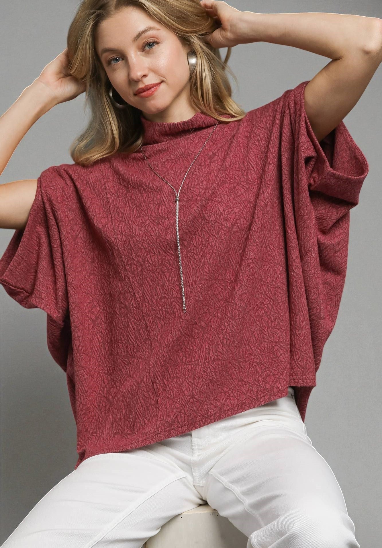 Wine Textured Mock Neck Top