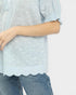 Light blue textured blouse worn by a person on a white background