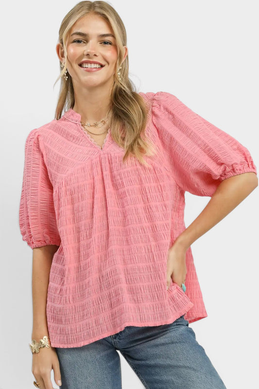 Coral Pink Textured Puff Sleeve Blouse