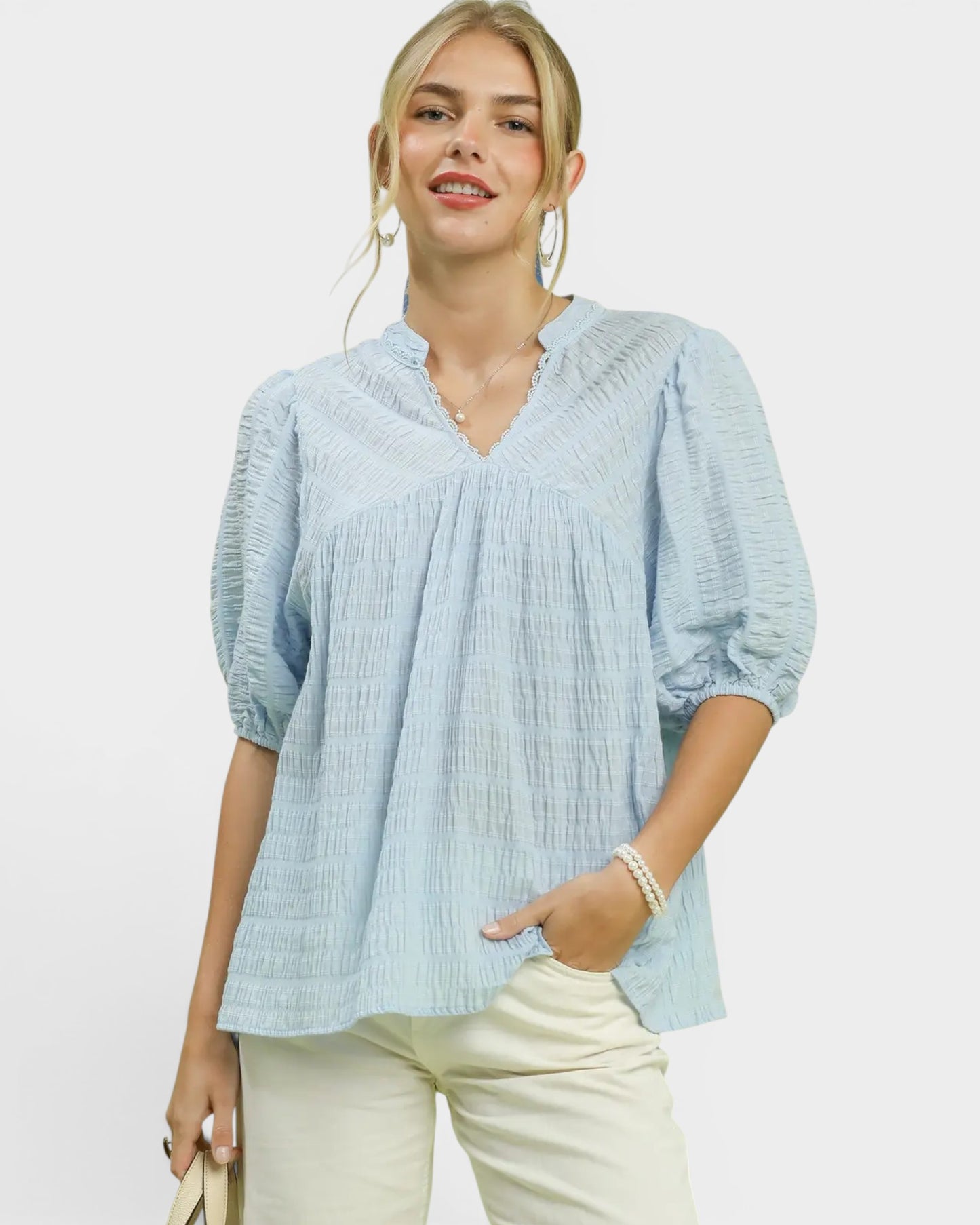 Light Blue Textured Puff Sleeve Blouse