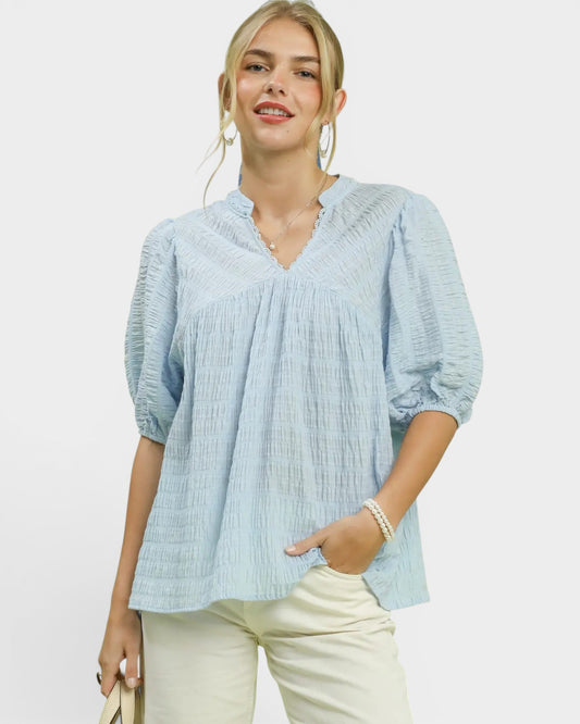 Light Blue Textured Puff Sleeve Blouse