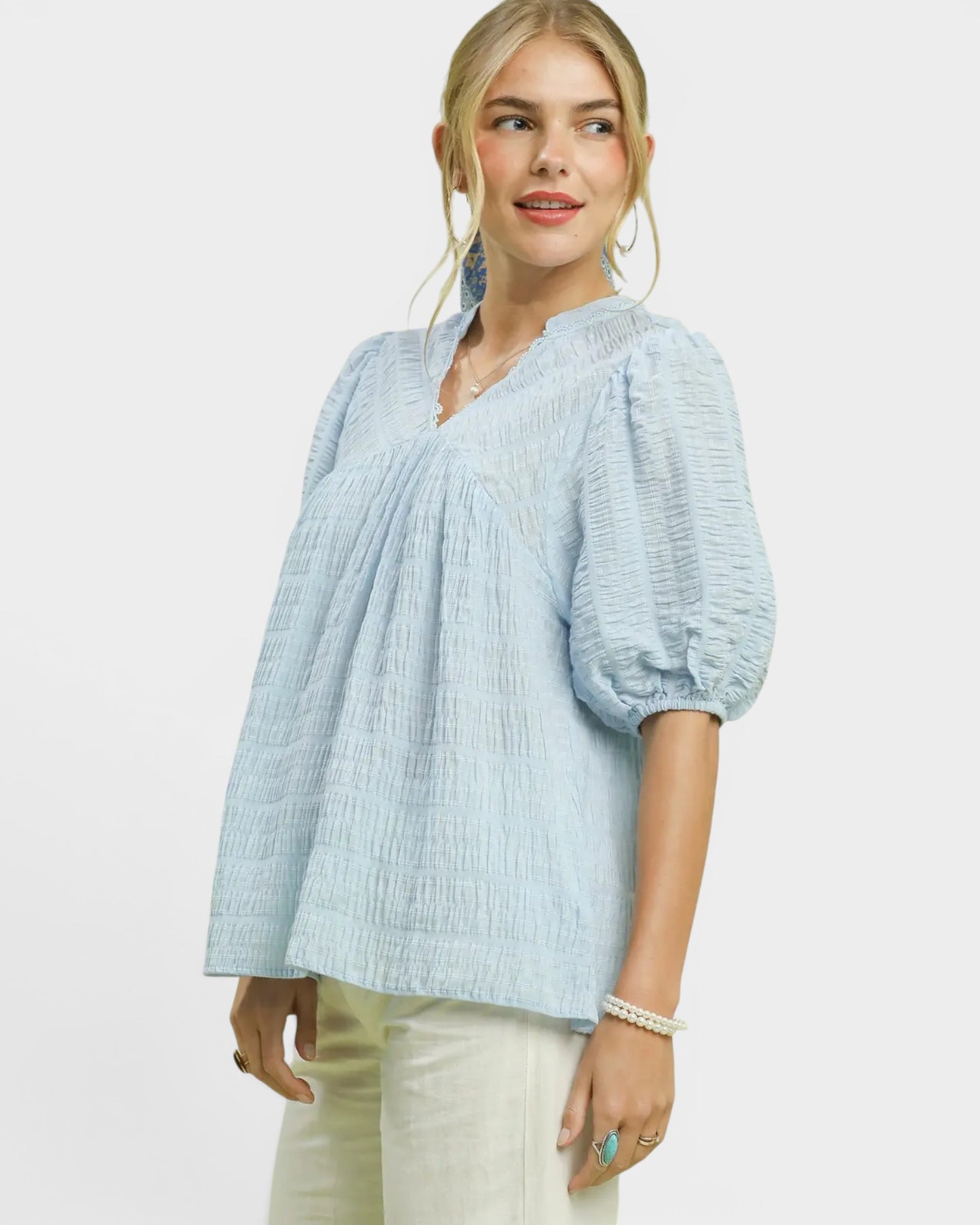 Light Blue Textured Puff Sleeve Blouse