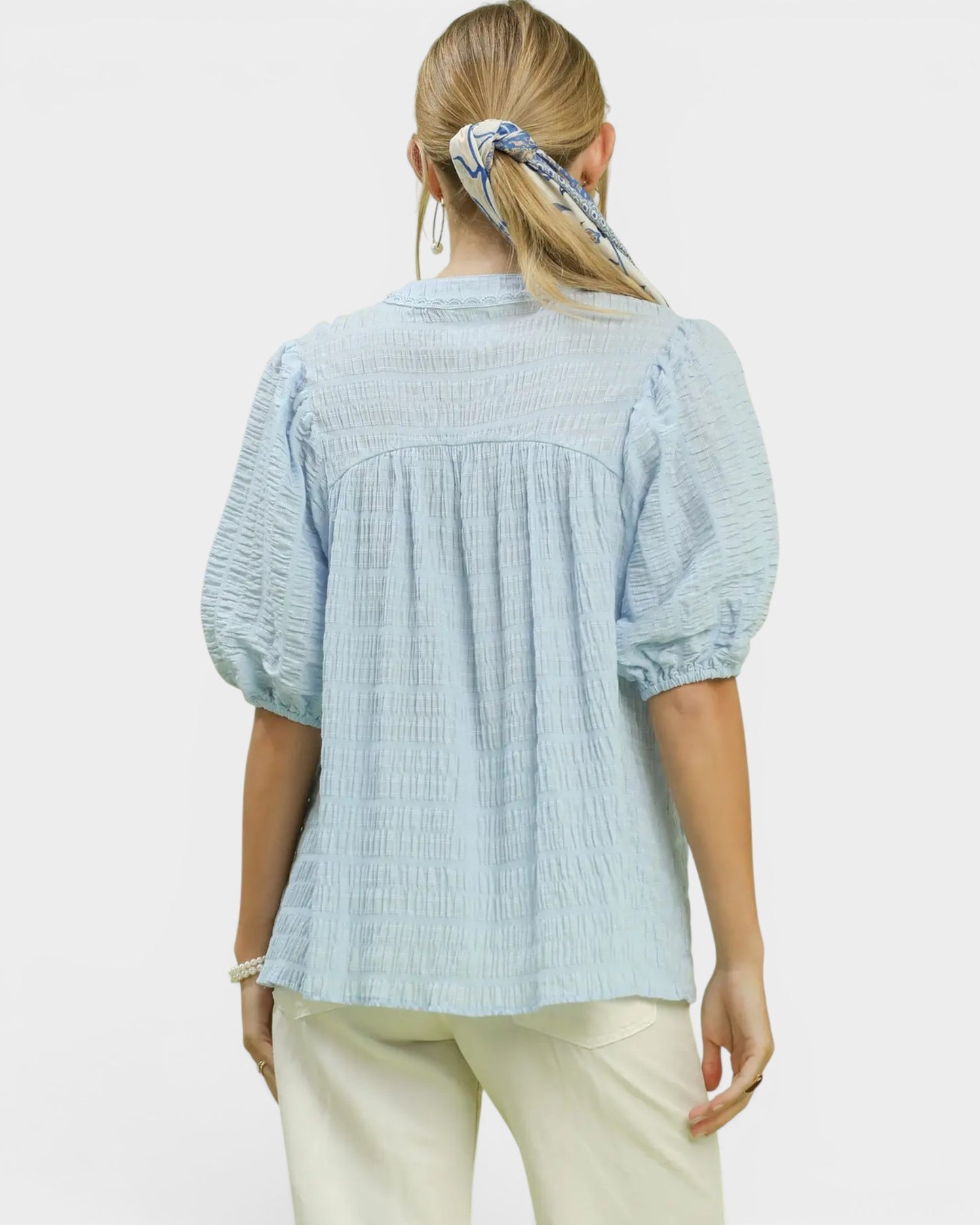 Light Blue Textured Puff Sleeve Blouse