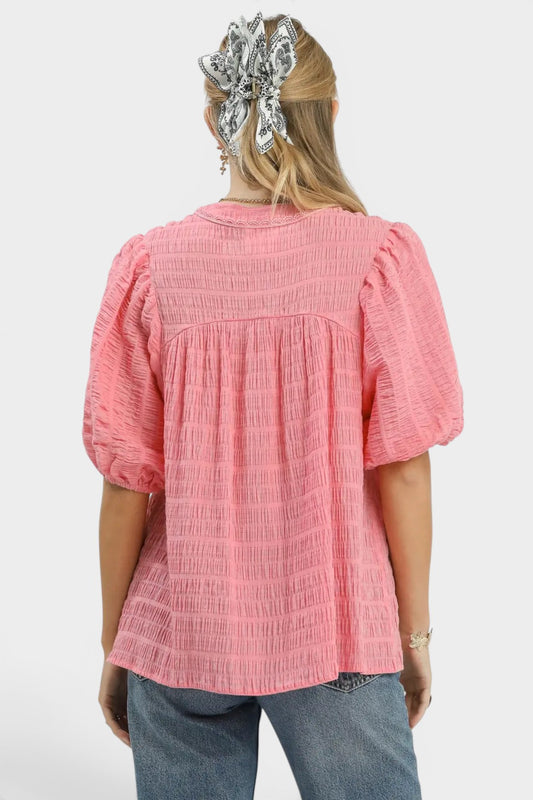 Coral Pink Textured Puff Sleeve Blouse