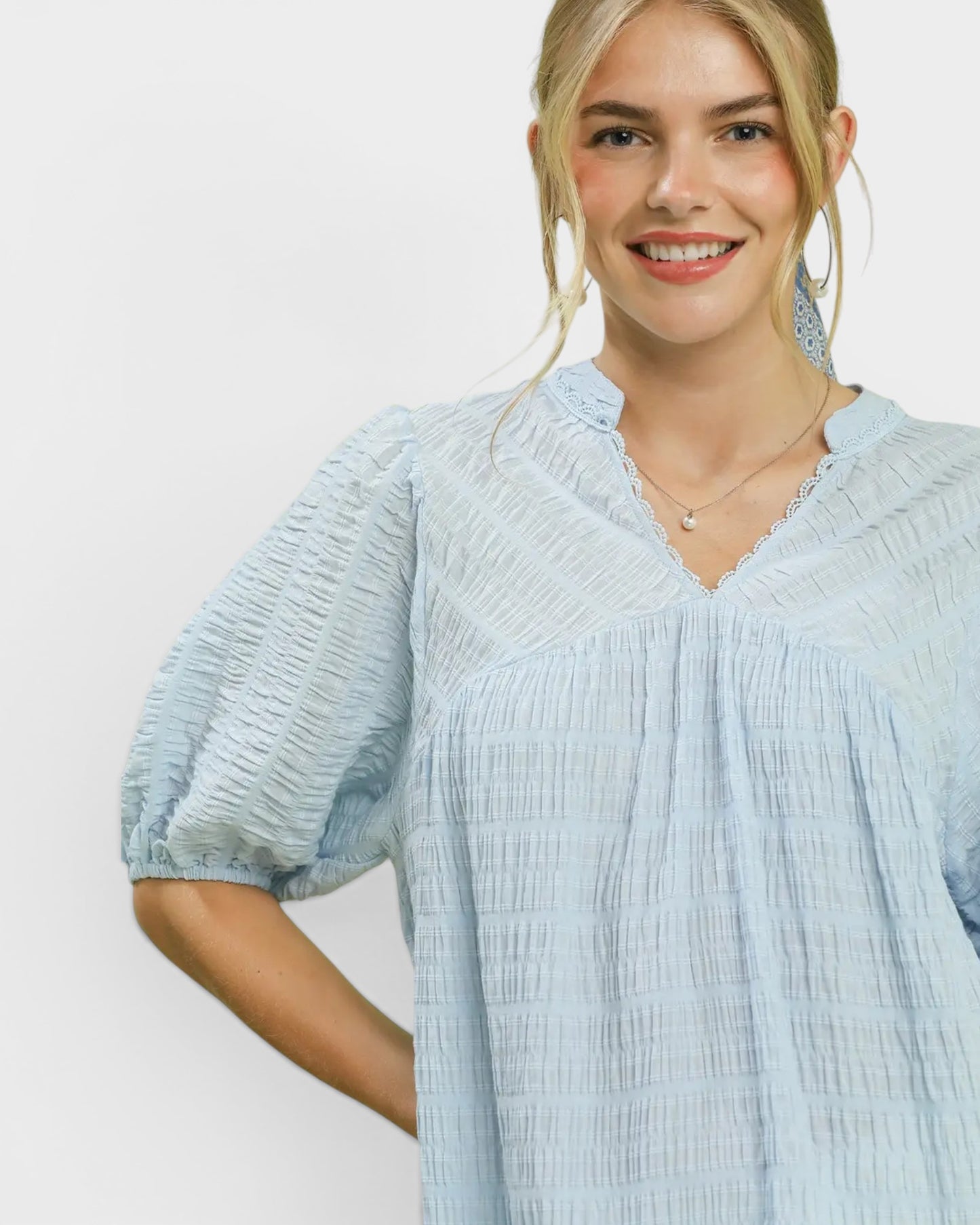 Light Blue Textured Puff Sleeve Blouse