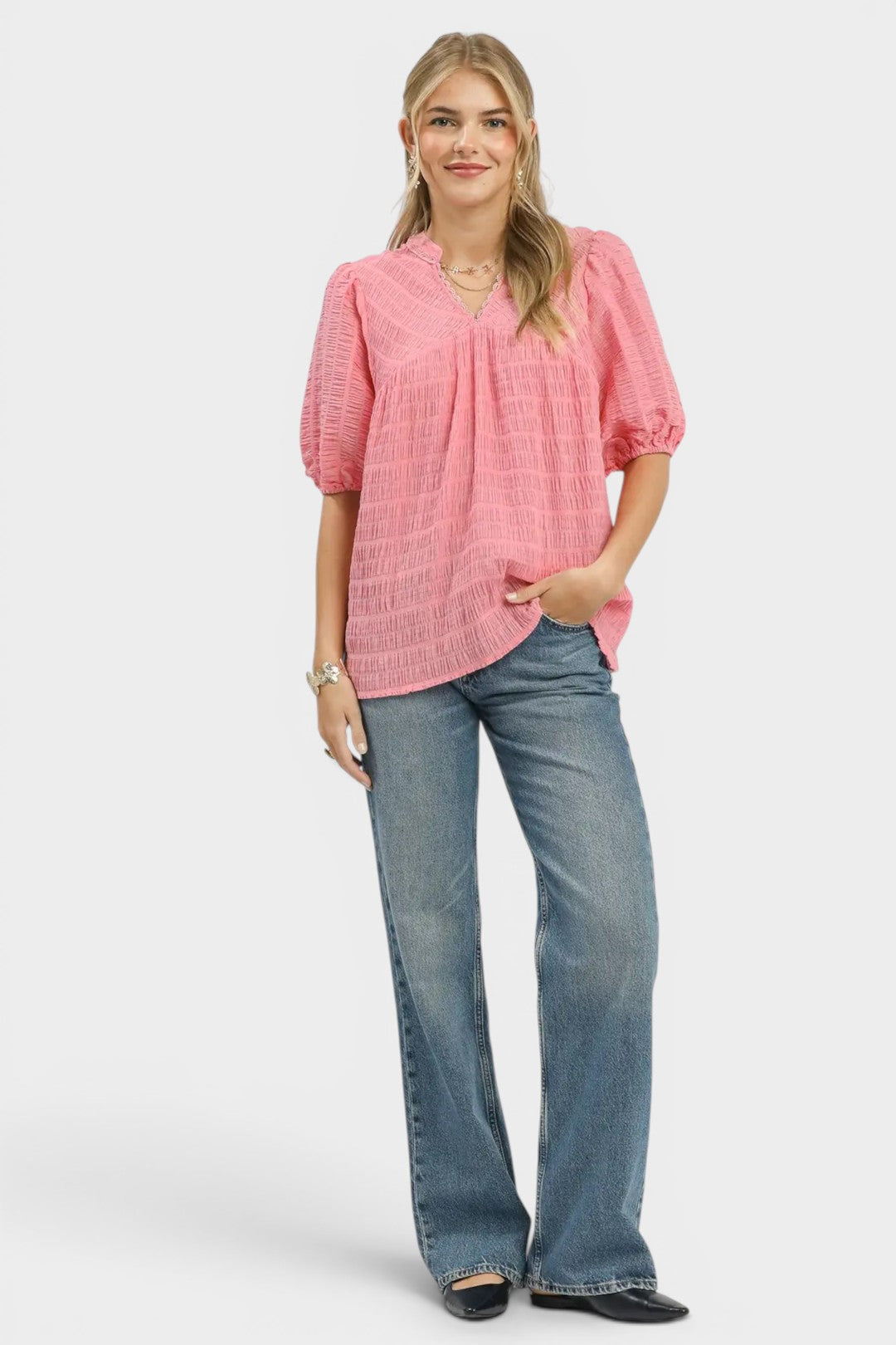 Coral Pink Textured Puff Sleeve Blouse