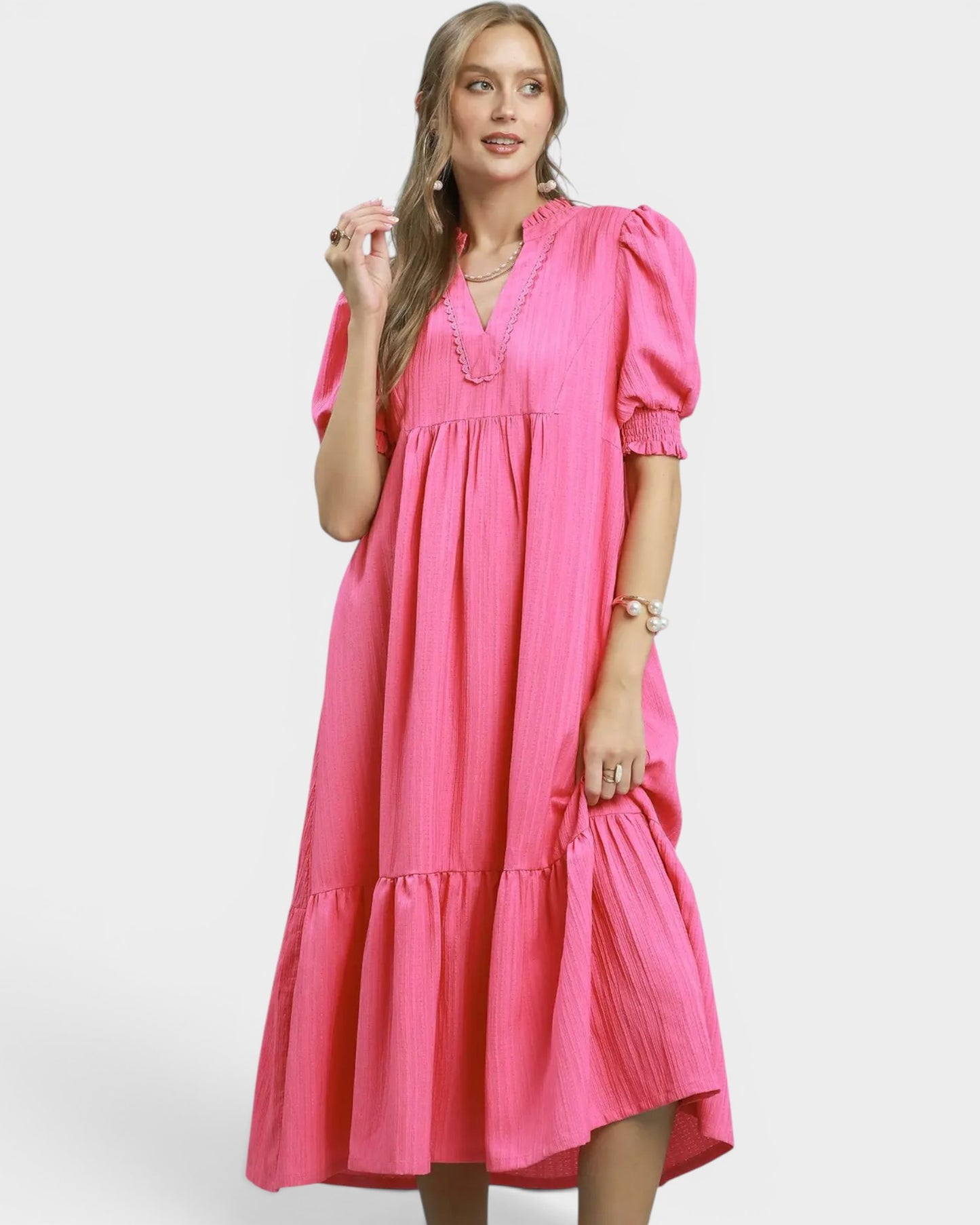 Hot Pink Tiered Midi Dress