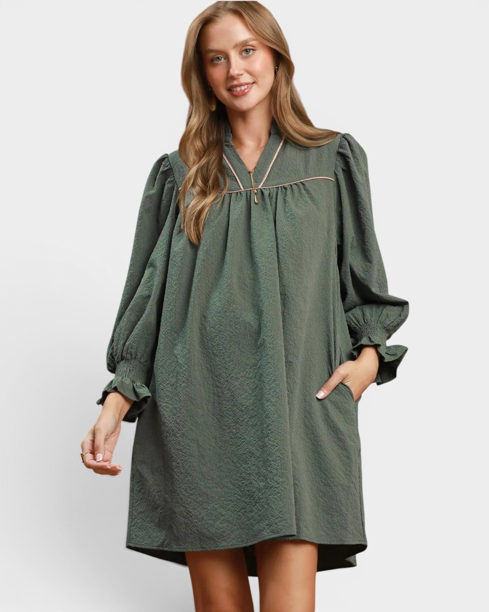 Stone Blue Ruffle Neck Shift Dress