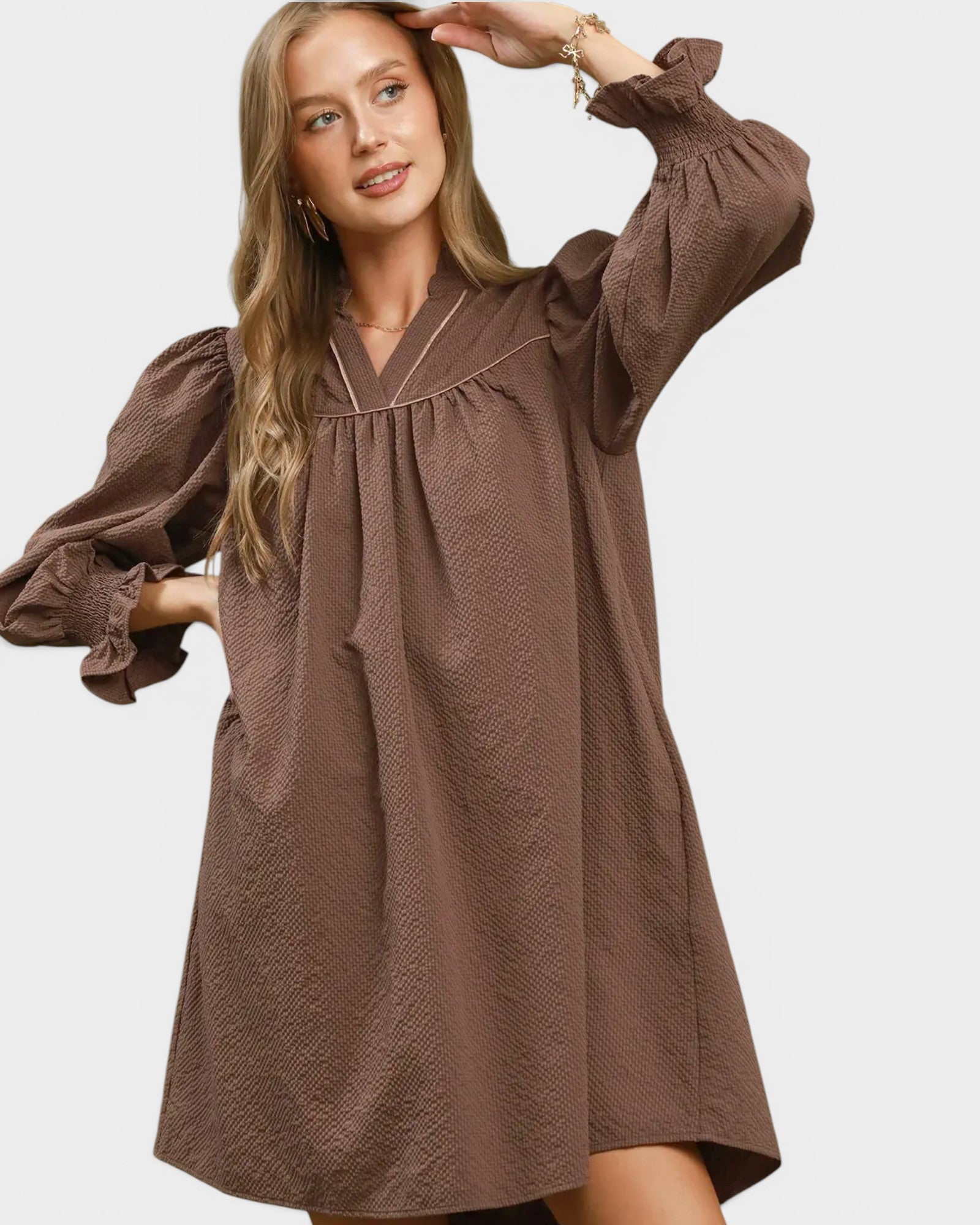 Chocolate Ruffle Neck Shift Dress