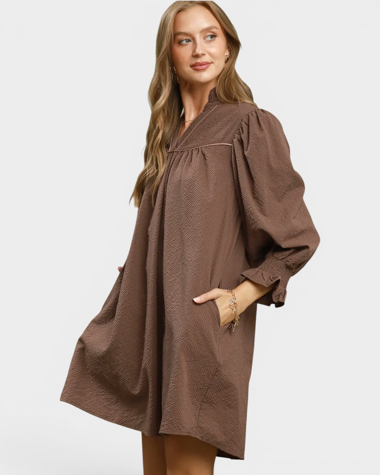 Chocolate Ruffle Neck Shift Dress