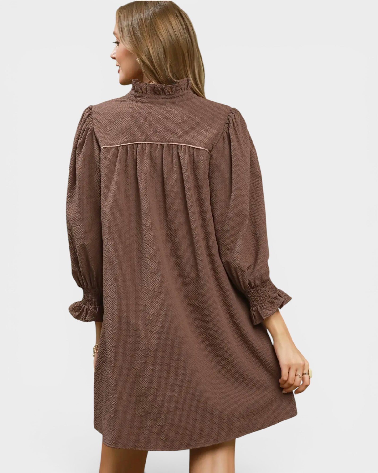 Chocolate Ruffle Neck Shift Dress