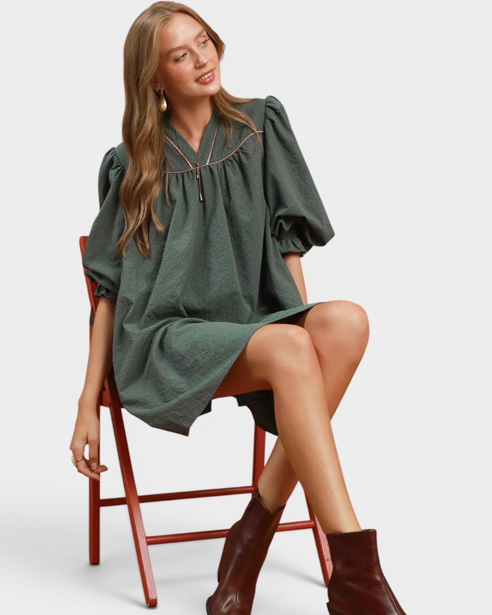 Stone Blue Ruffle Neck Shift Dress