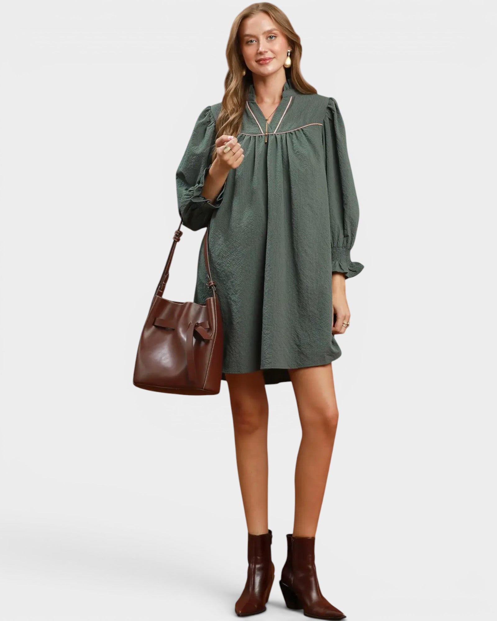 Stone Blue Ruffle Neck Shift Dress