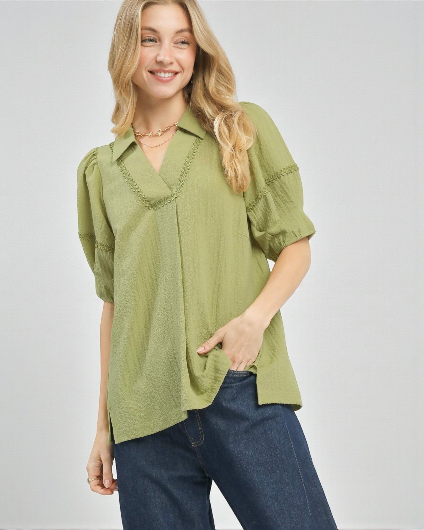 Olive Embroidered V-Neck Blouse