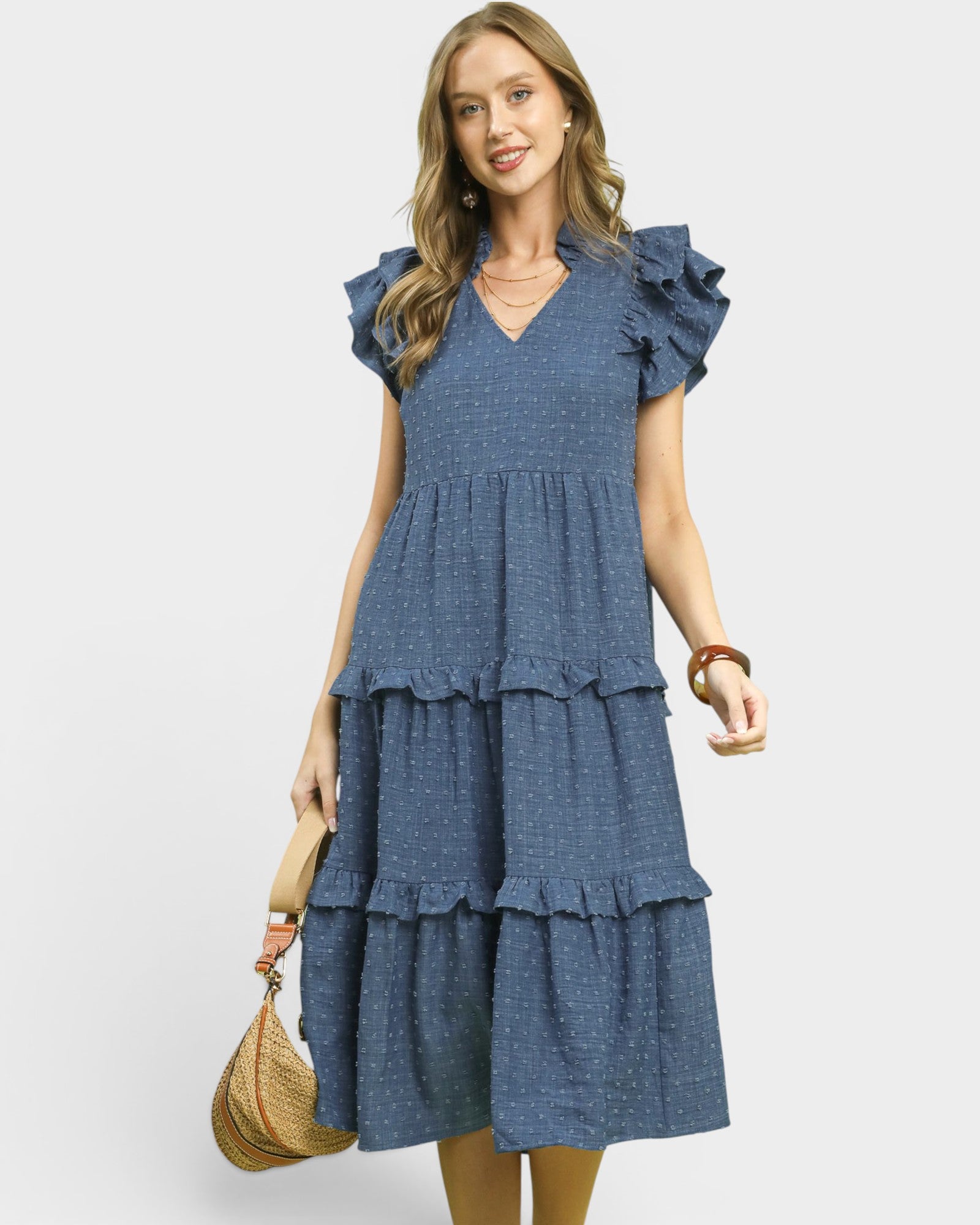 Denim Blue Swiss Dot Ruffle Sleeve Midi Dress