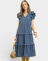 Denim Blue Swiss Dot Ruffle Sleeve Midi Dress