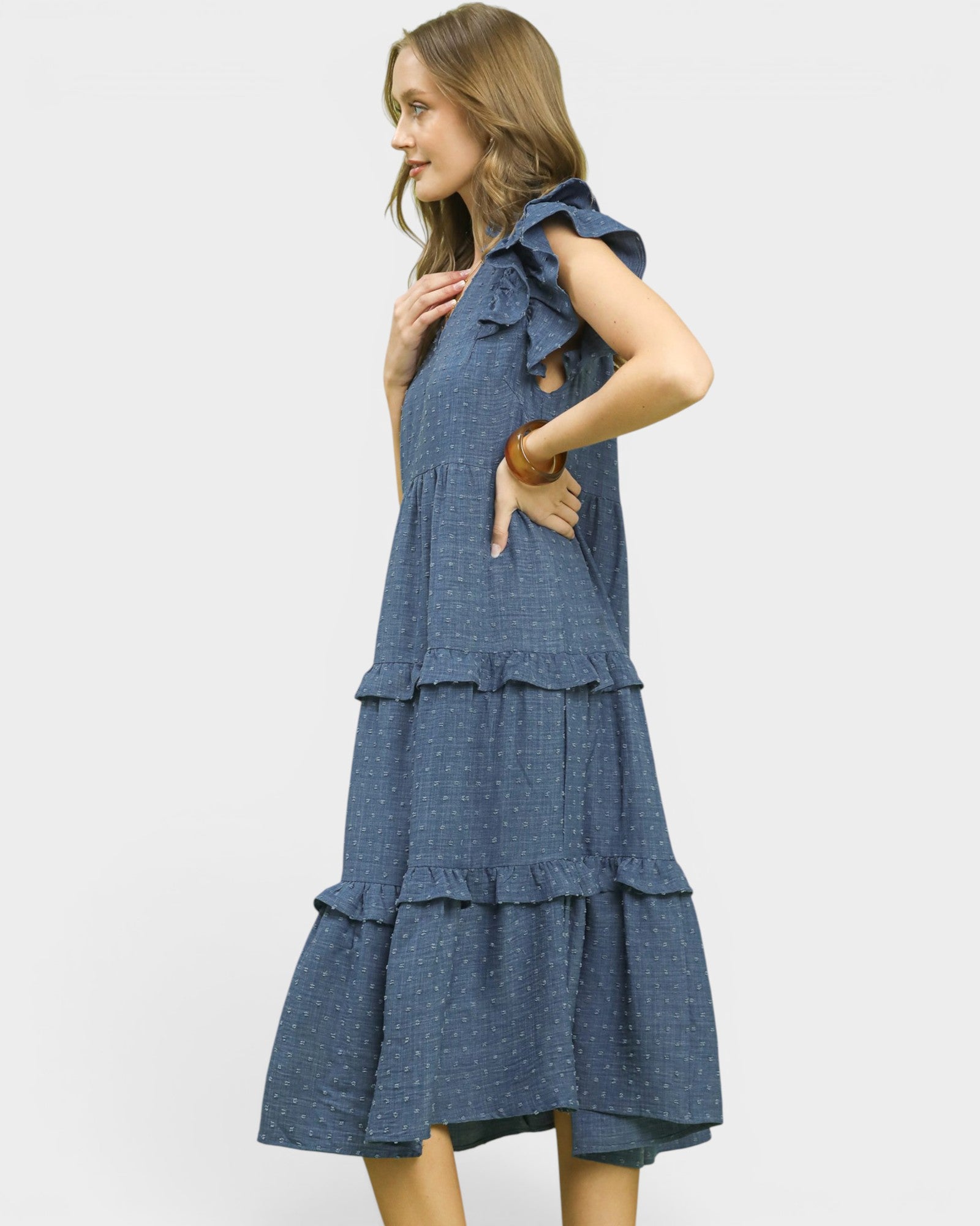 Denim Blue Swiss Dot Ruffle Sleeve Midi Dress