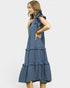 Denim Blue Swiss Dot Ruffle Sleeve Midi Dress