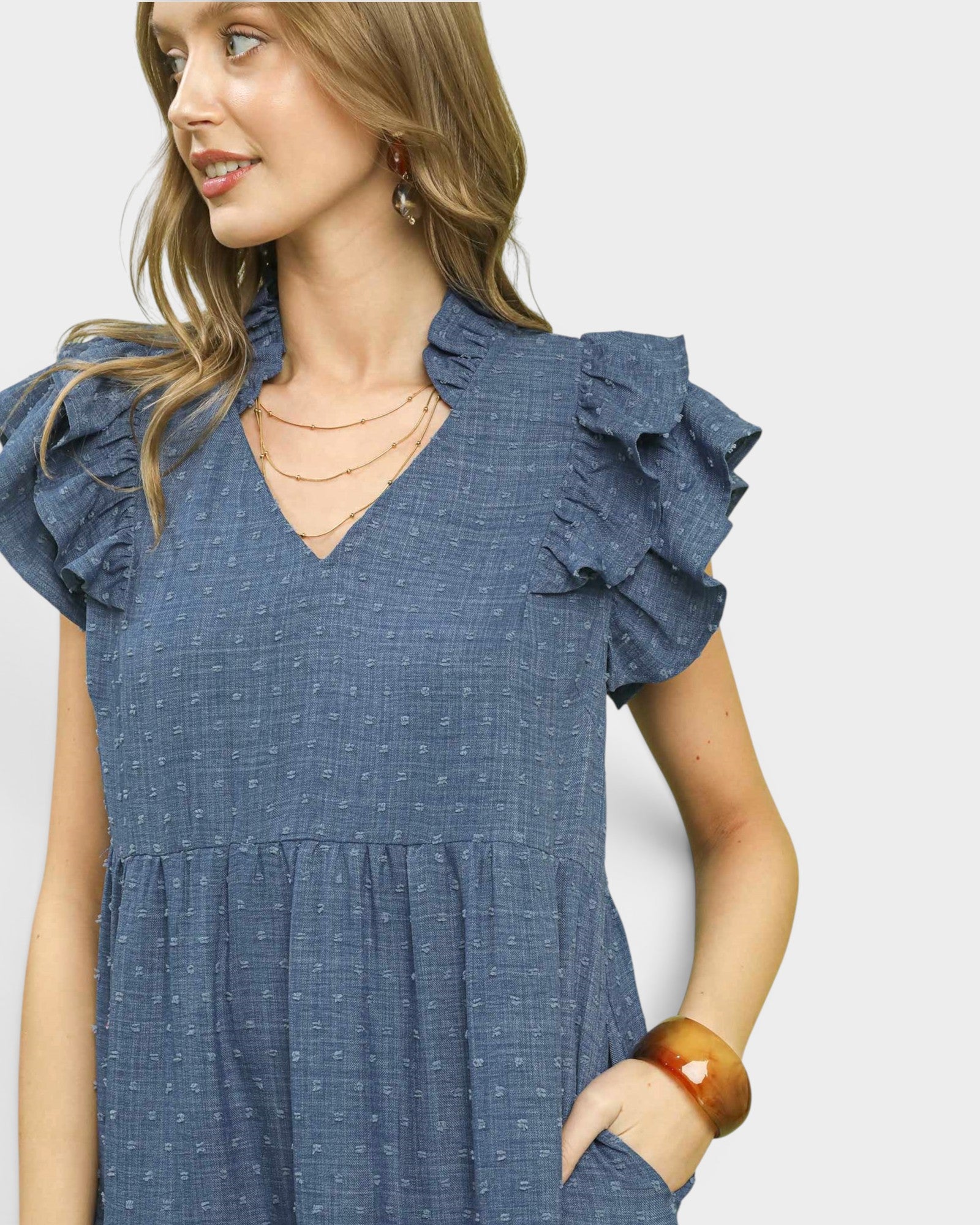 Denim Blue Swiss Dot Ruffle Sleeve Midi Dress