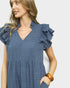 Denim Blue Swiss Dot Ruffle Sleeve Midi Dress