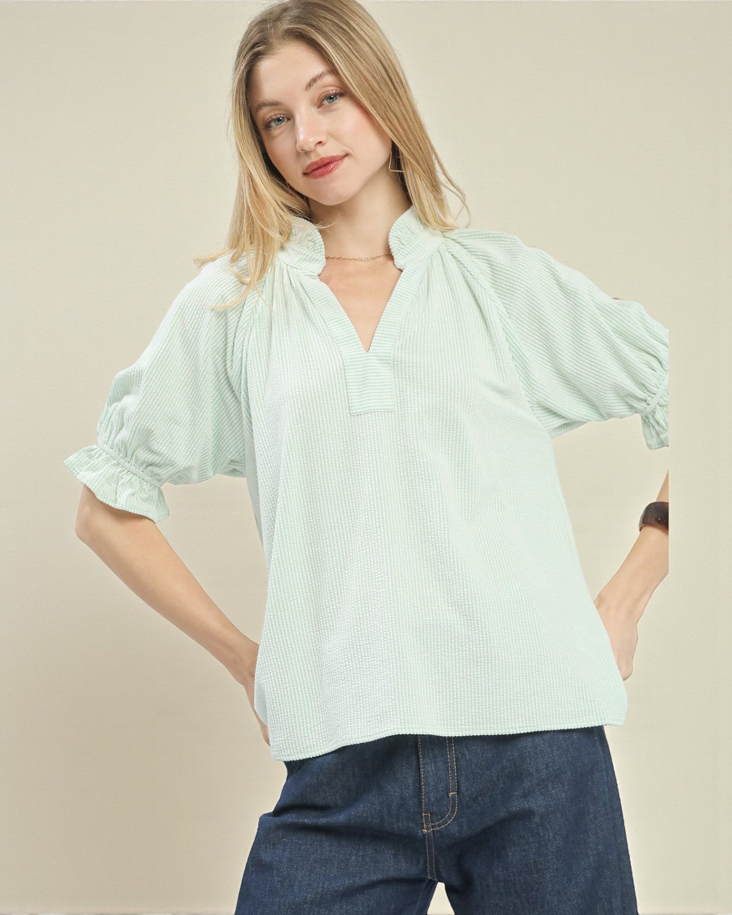 Soft Mint Textured Split-Neck Ruffle Sleeve Top