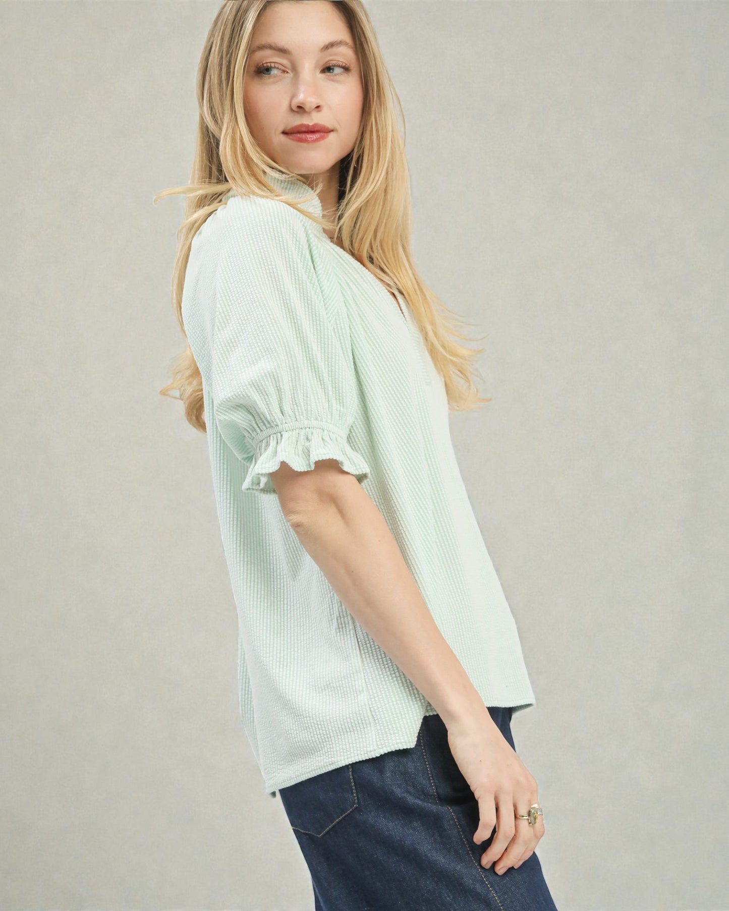 Soft Mint Textured Split-Neck Ruffle Sleeve Top