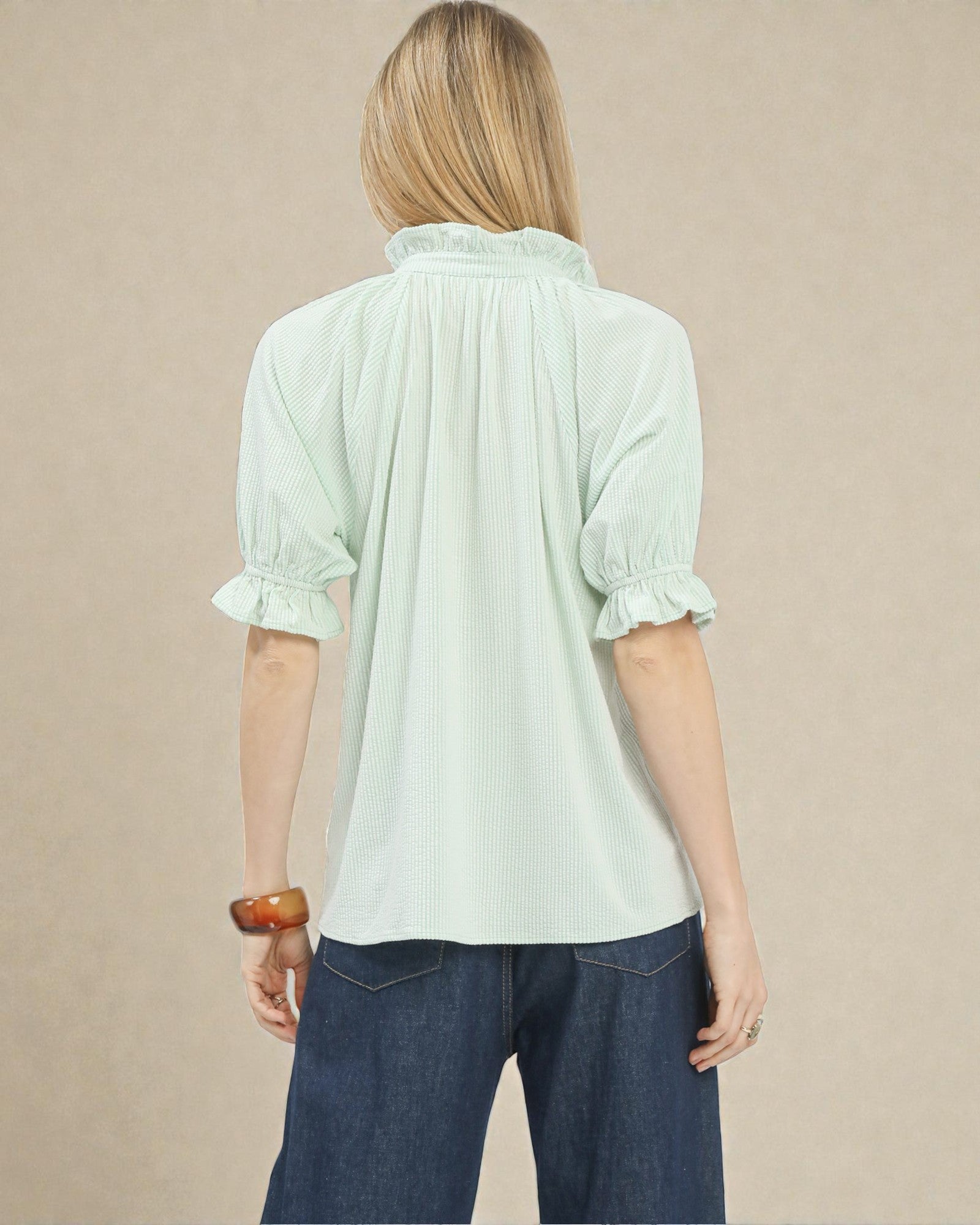 Soft Mint Textured Split-Neck Ruffle Sleeve Top