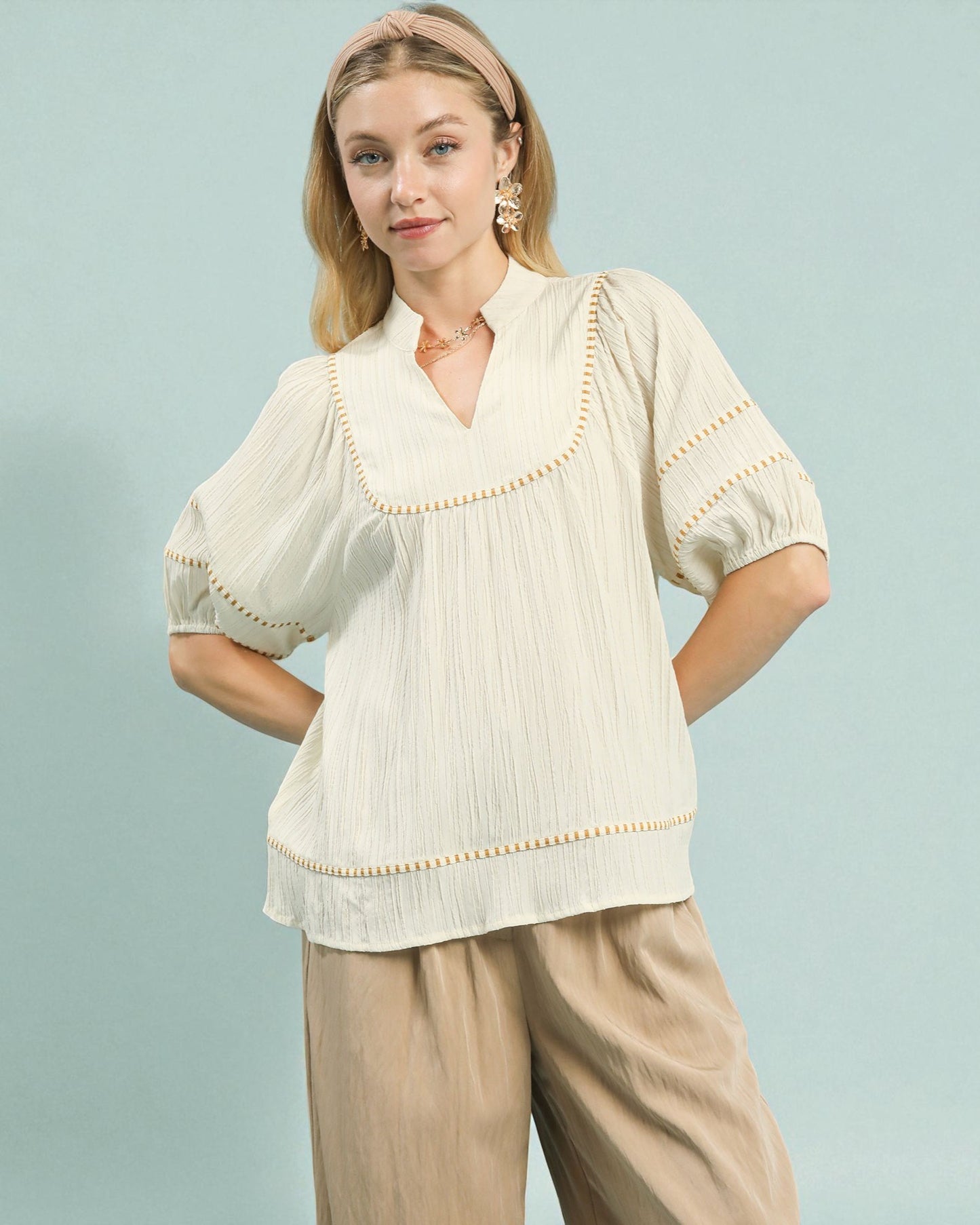 Cream Embroidered Trim Blouse