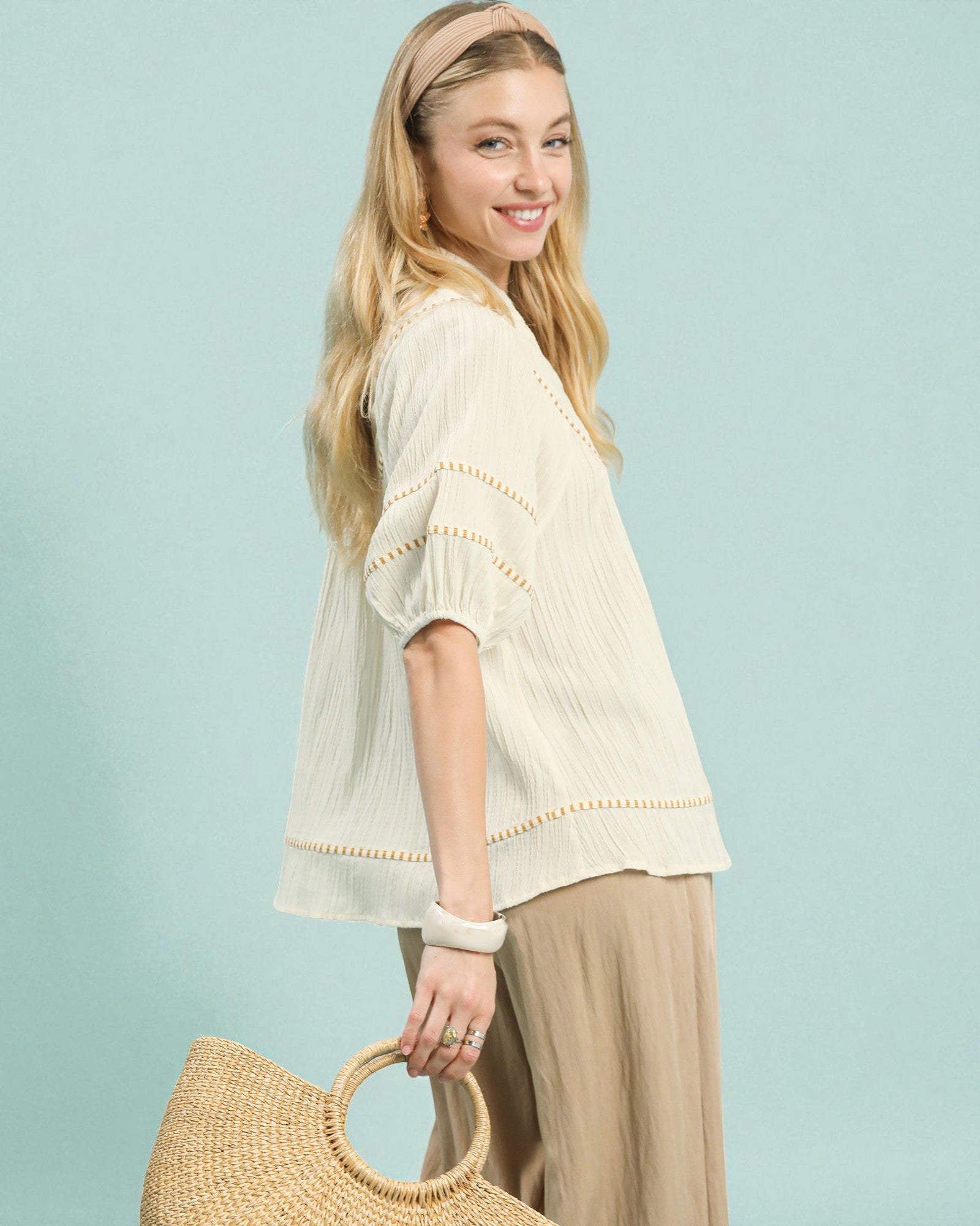 Cream Embroidered Trim Blouse