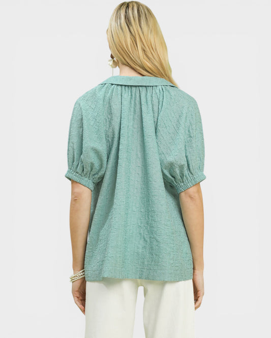 Person wearing a light green blouse with puff sleeves on a white background