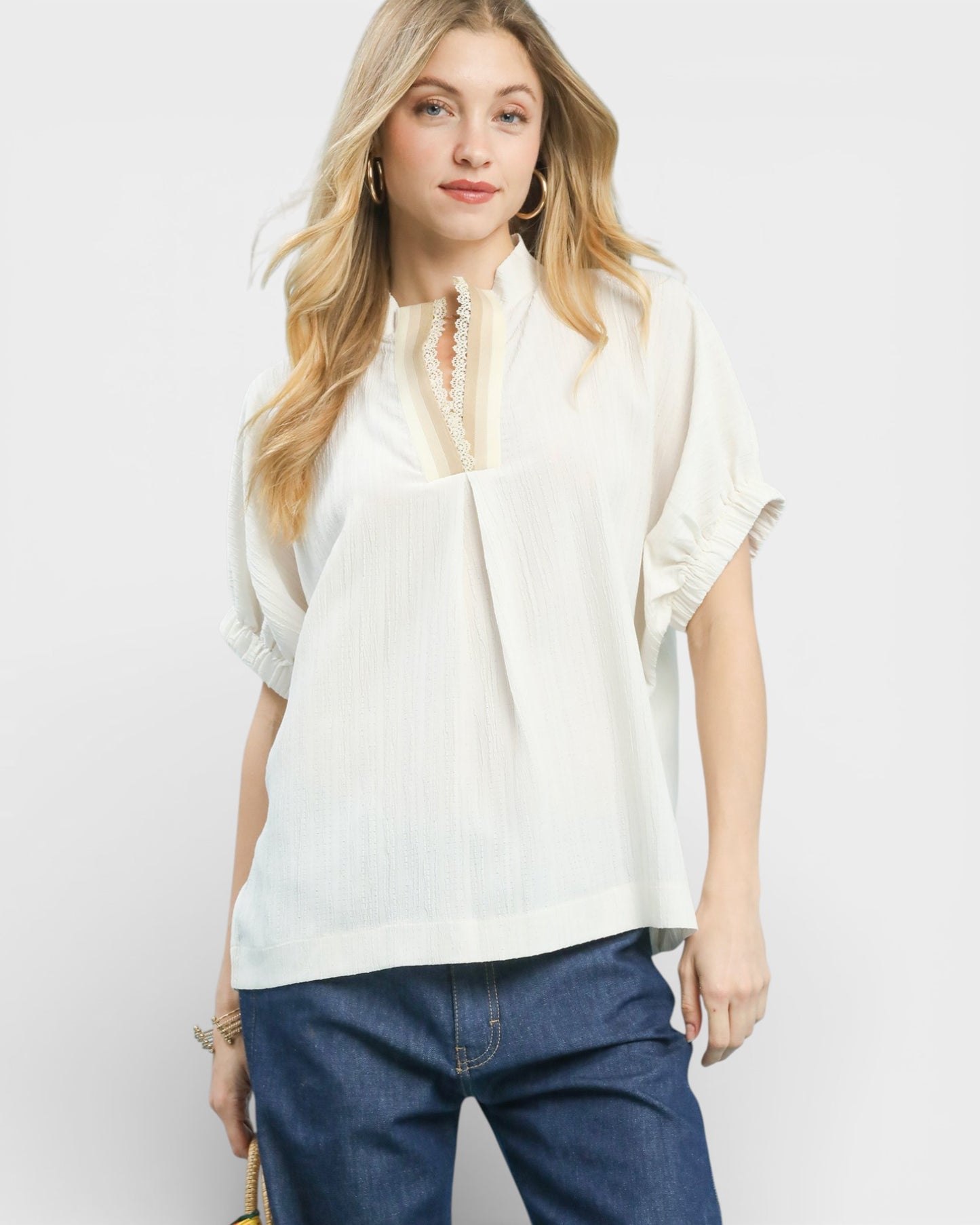 Ivory Lace-Trim Split Neck Blouse