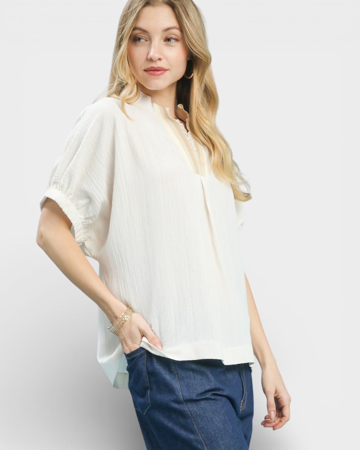 Ivory Lace-Trim Split Neck Blouse