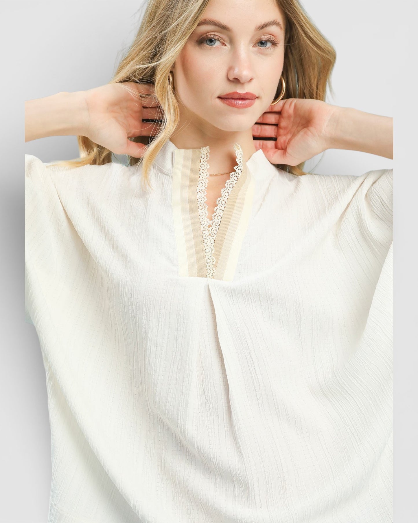 Ivory Lace-Trim Split Neck Blouse