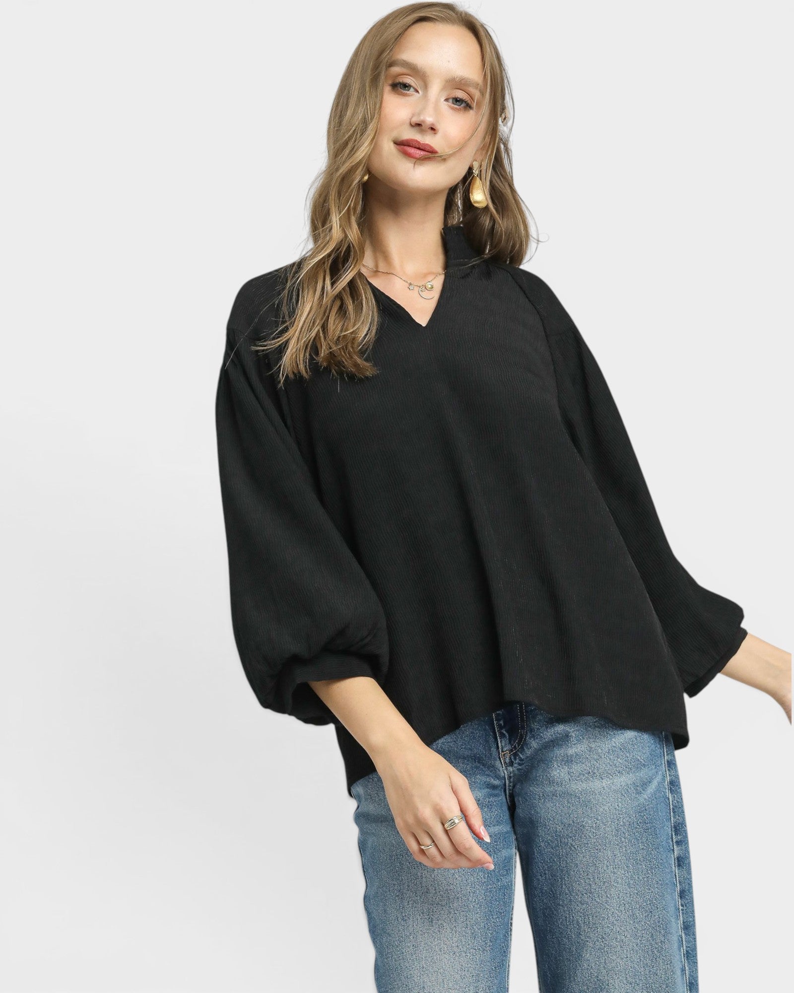 Black Textured Puff Sleeve Top
