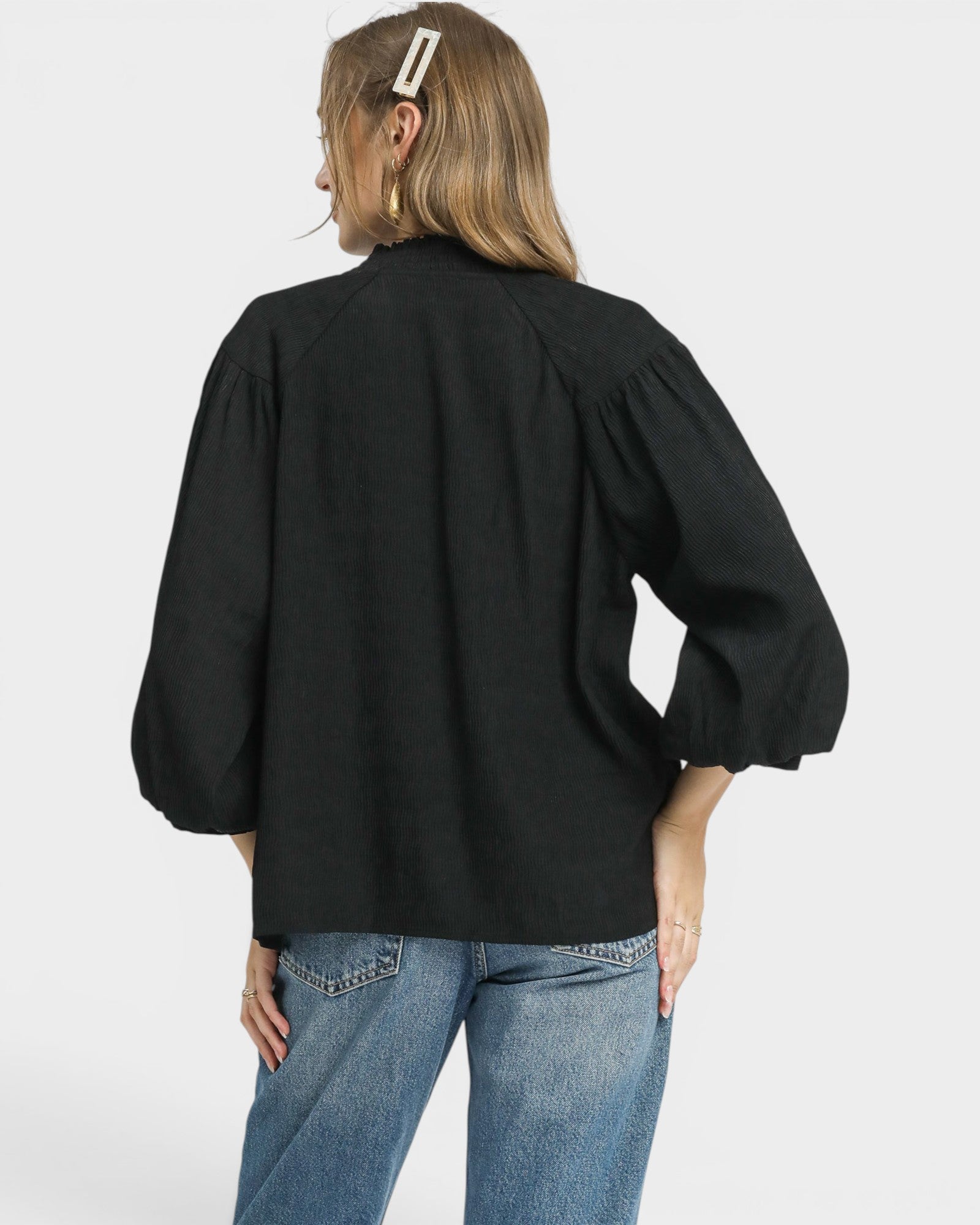 Black Textured Puff Sleeve Top