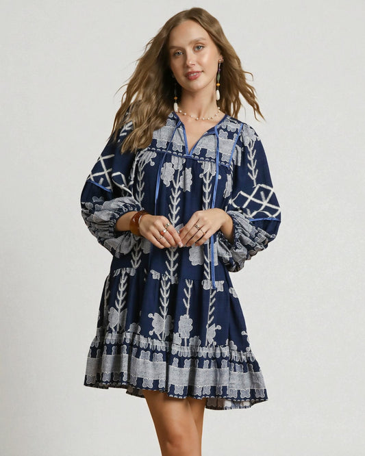 Navy Floral Border Print Mini Dress