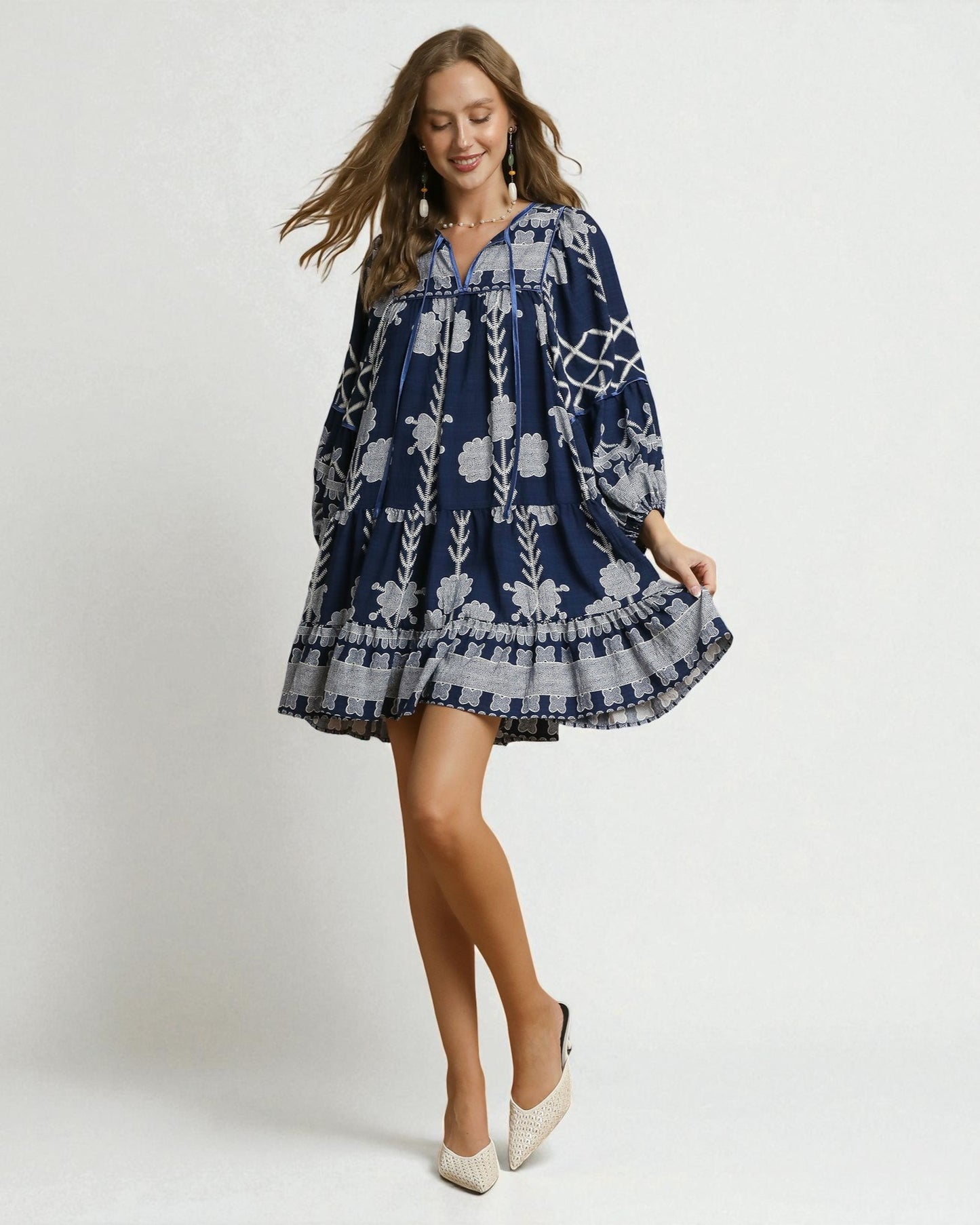 Navy Floral Border Print Mini Dress