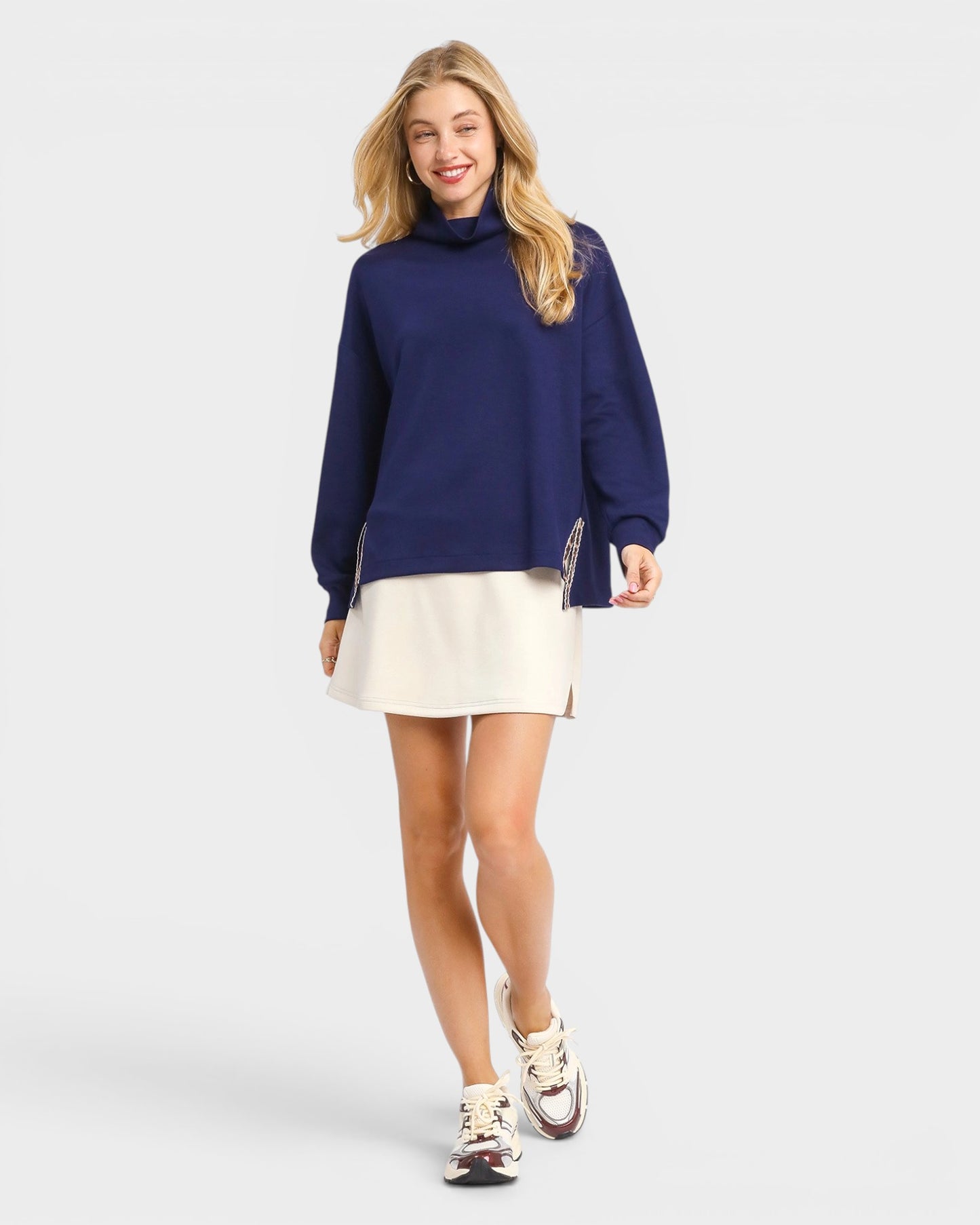 Navy Mock Neck Side Slit Pullover