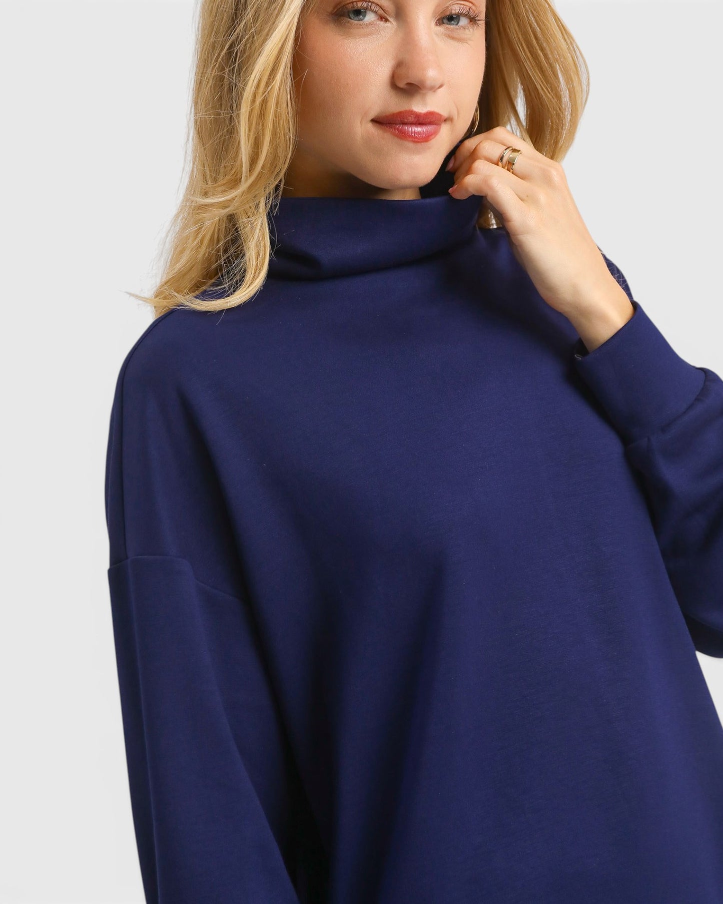 Navy Mock Neck Side Slit Pullover